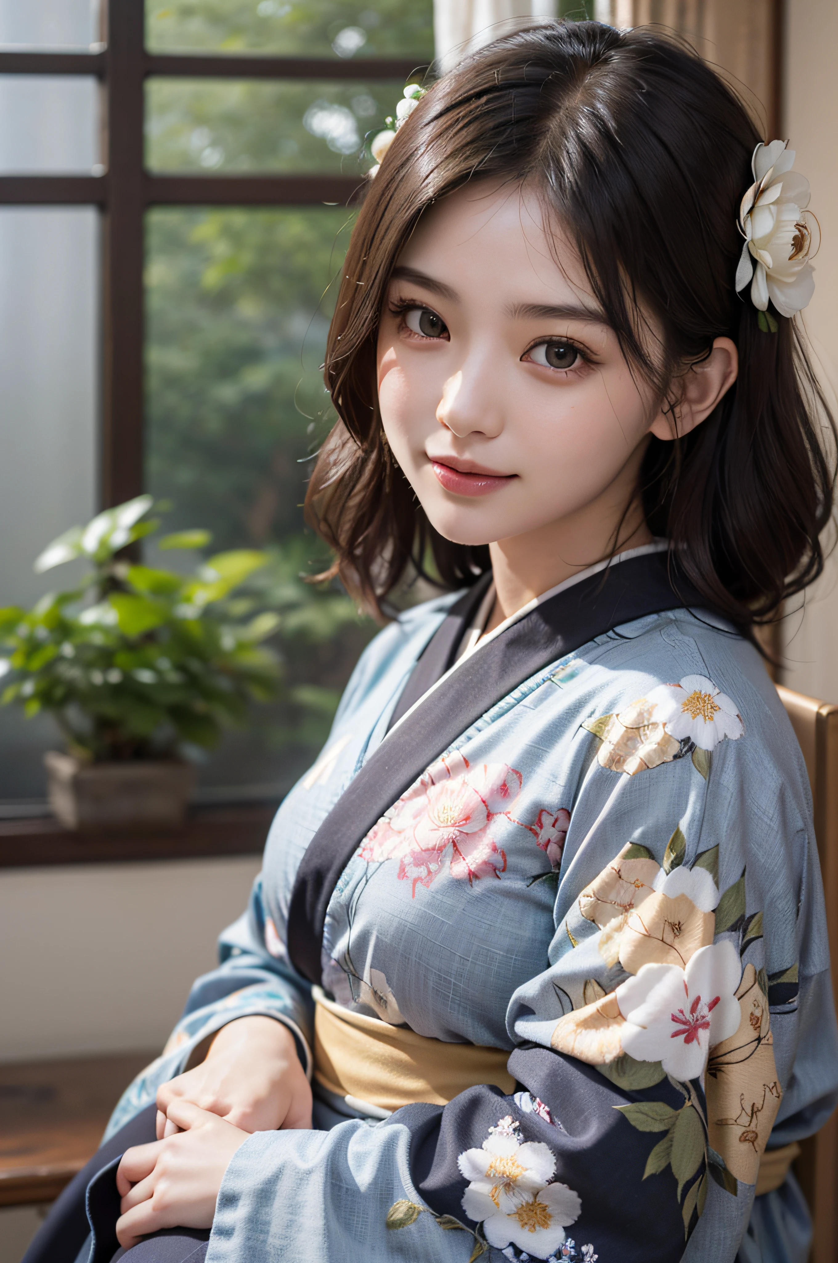 (Photorealsitic:1.4), (Top image quality:1.0), (超A high resolution:1.0), 8K, Raw photography, (masterpiece:0.2), (pureerosface_v1:0.5)、(Best Quality Detail:1.2)、realisitic、8K UHD、hight resolution、(1girl in:1.2)、The ultra-detailliert、High quality textures、intricate detailes、detaileds、Very detailed CG、High quality shadows、Detail Beautiful delicate face、Detail Beautiful delicate eyes、depth of fields、Ray traching,1girl in, japanaese girl, Cute, slender, Black kimono, Kimono with Japanese pattern,Floral scrunchie, Beautiful skin, Facing the front,Sit down, Sit upright and say thank you,Align your hands elegantly,Smile faintly The Land of Japan,Japanese garden,Luxury Japanese-style room, skyporn, Magic Hour, (Realistic:1.3), Finely detailed, quality, (masutepiece:1.2), (Photorealistic:1.2), (Best Quality), (Intricate details), Dramatic, Ray tracing, photograph, +Lola