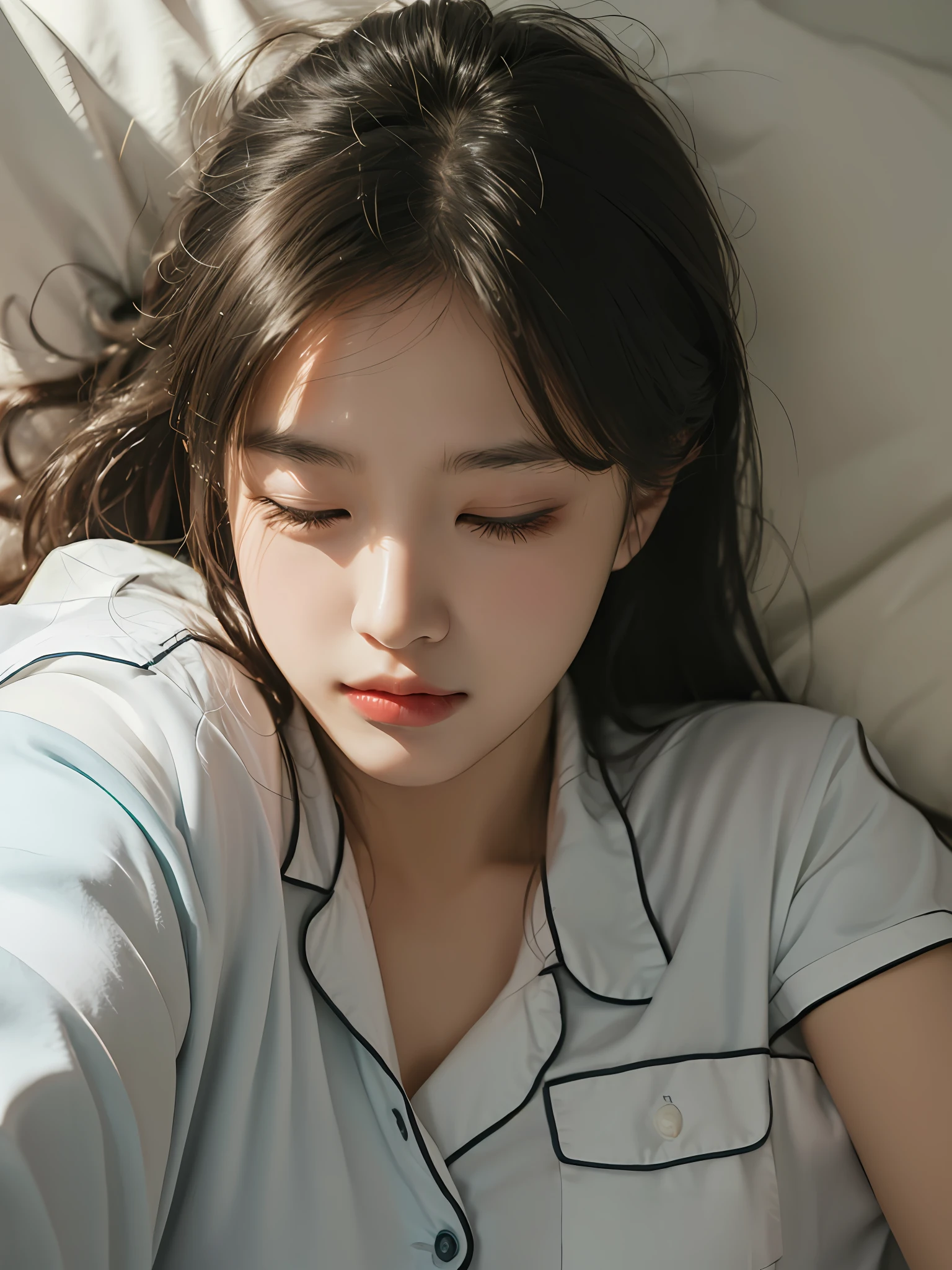 8K ultra-detailed masterpiece，best qualtiy，Realistic photos，Nice face，Messy hair，Beautiful sleeping position，Silk Pajamas，Liu Yifei