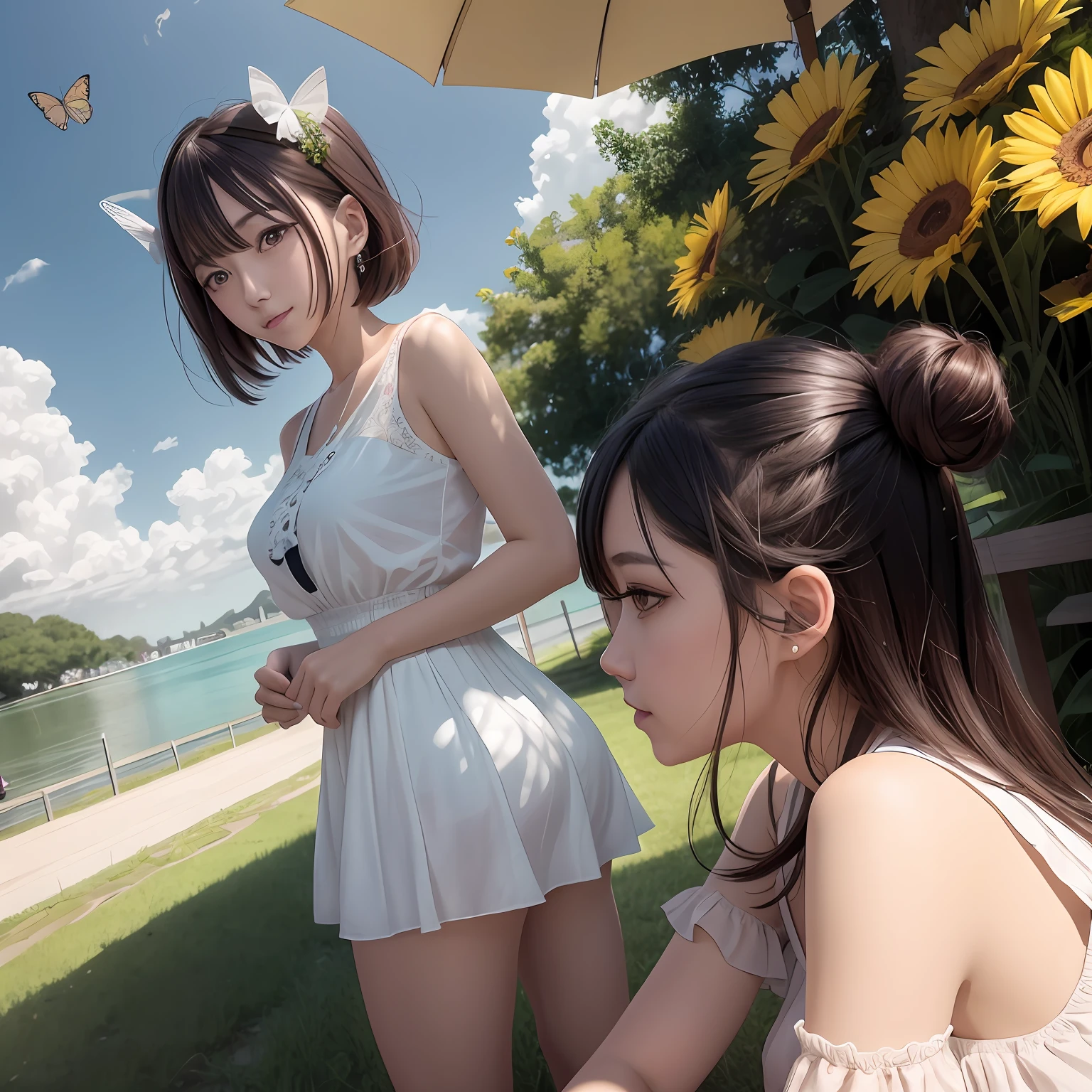 Two women in short skirts sit on benches by the lake, Guviz-style artwork, Realistic anime 3 D style, WLOP and Sakimichan, Guviz, two beautiful anime girls, Photorealistic anime, trending on cgstation, anime realism style, hyper realistic anime, Add a detailed description，oc rendered，Masayoshi Suto and artgerm，Continue to optimize your face and nose