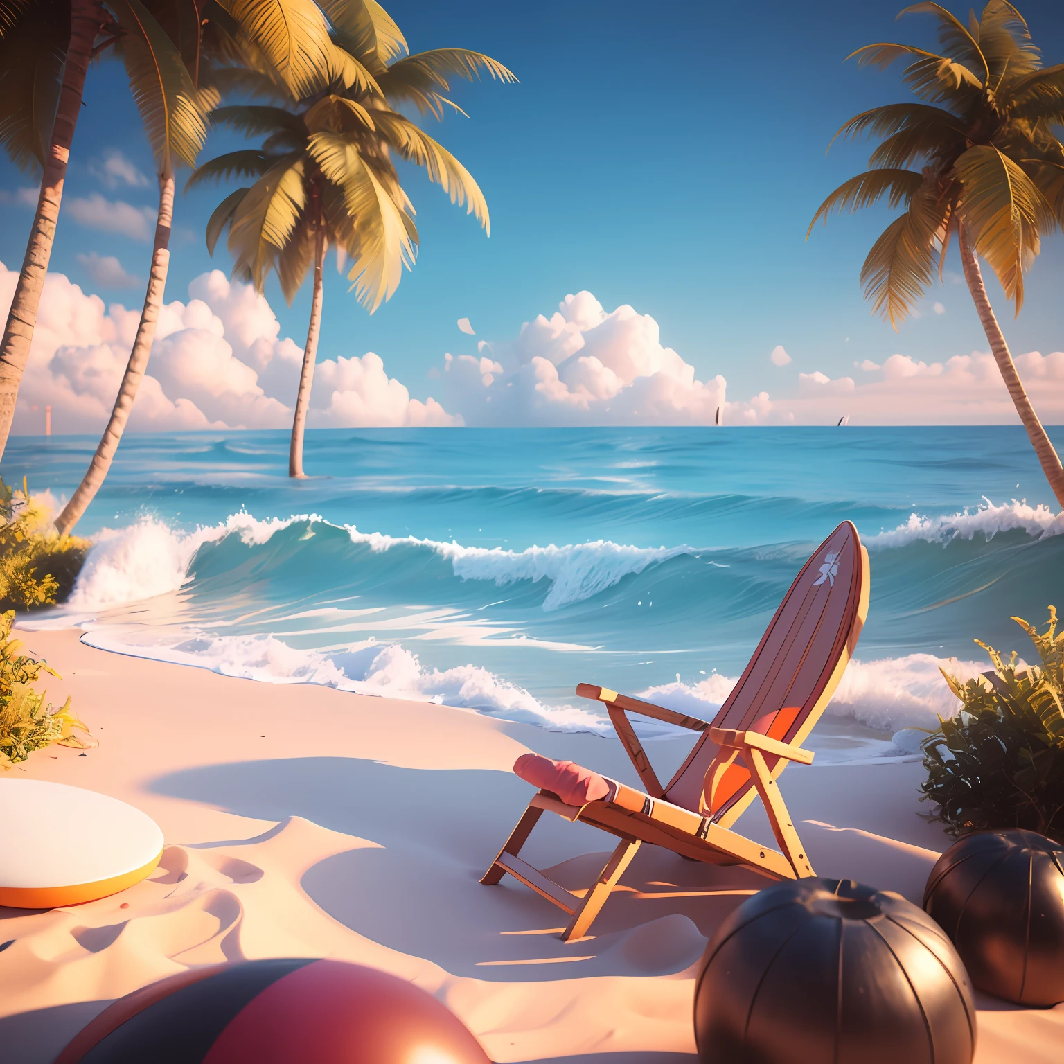 A golden beach in the sea, blue sky, a few coconut trees and beach chairs on the beach, surreal style, clay material, surfboard, C4D rendering, blender, 3D scene, from behance, ultra - detailed, ultra - high - definition