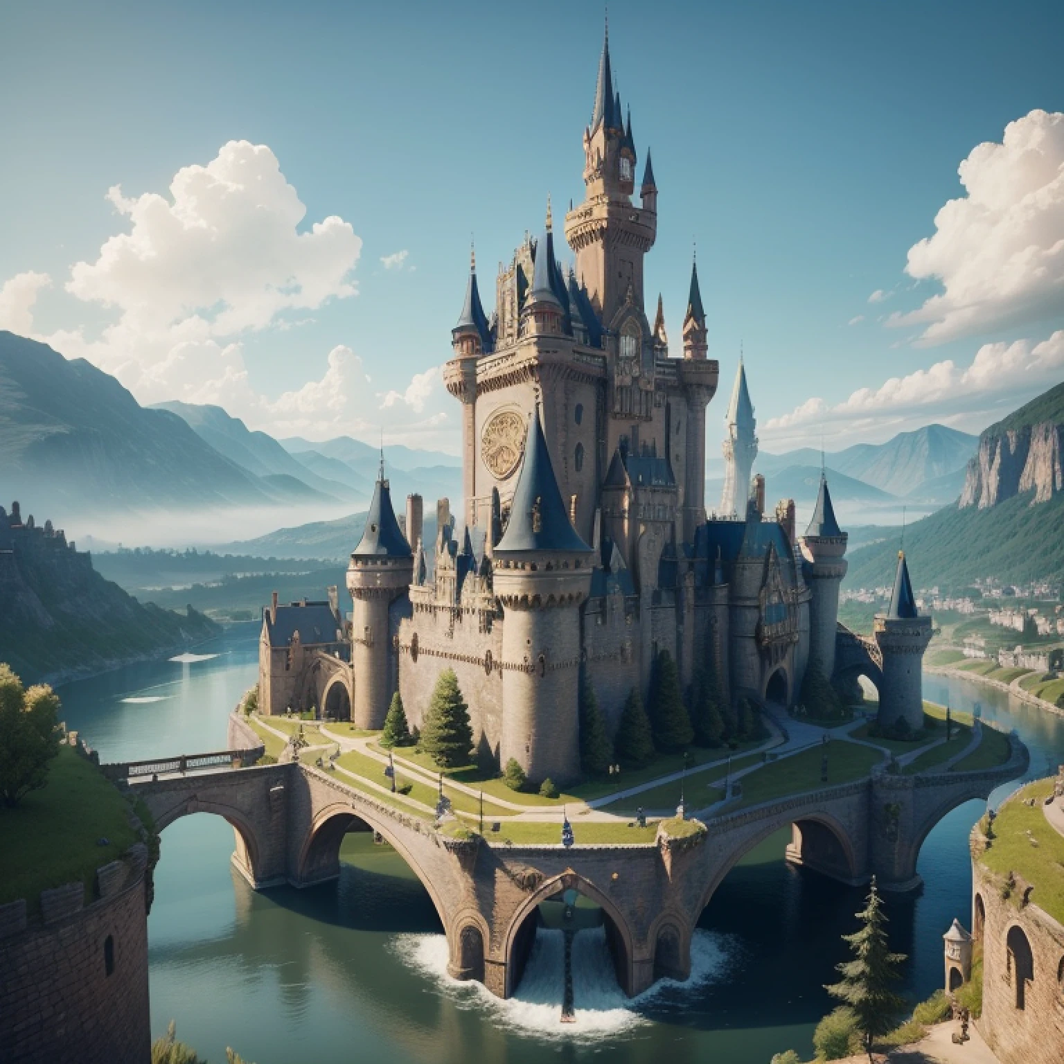 There is a castle with a bridge，There is a bridge in front, very far royal steampunk castle, epic castle with tall spires, fantasy architecture, futuristic castle, flintlock fantasy capital city, Beautiful castle, high fantasy castle, Fantasy castle, fantasy capital city, beautiful render of a fairytale, victorian steampunk city vista, steampunk villages castles, renaissance port city background，Blue roof