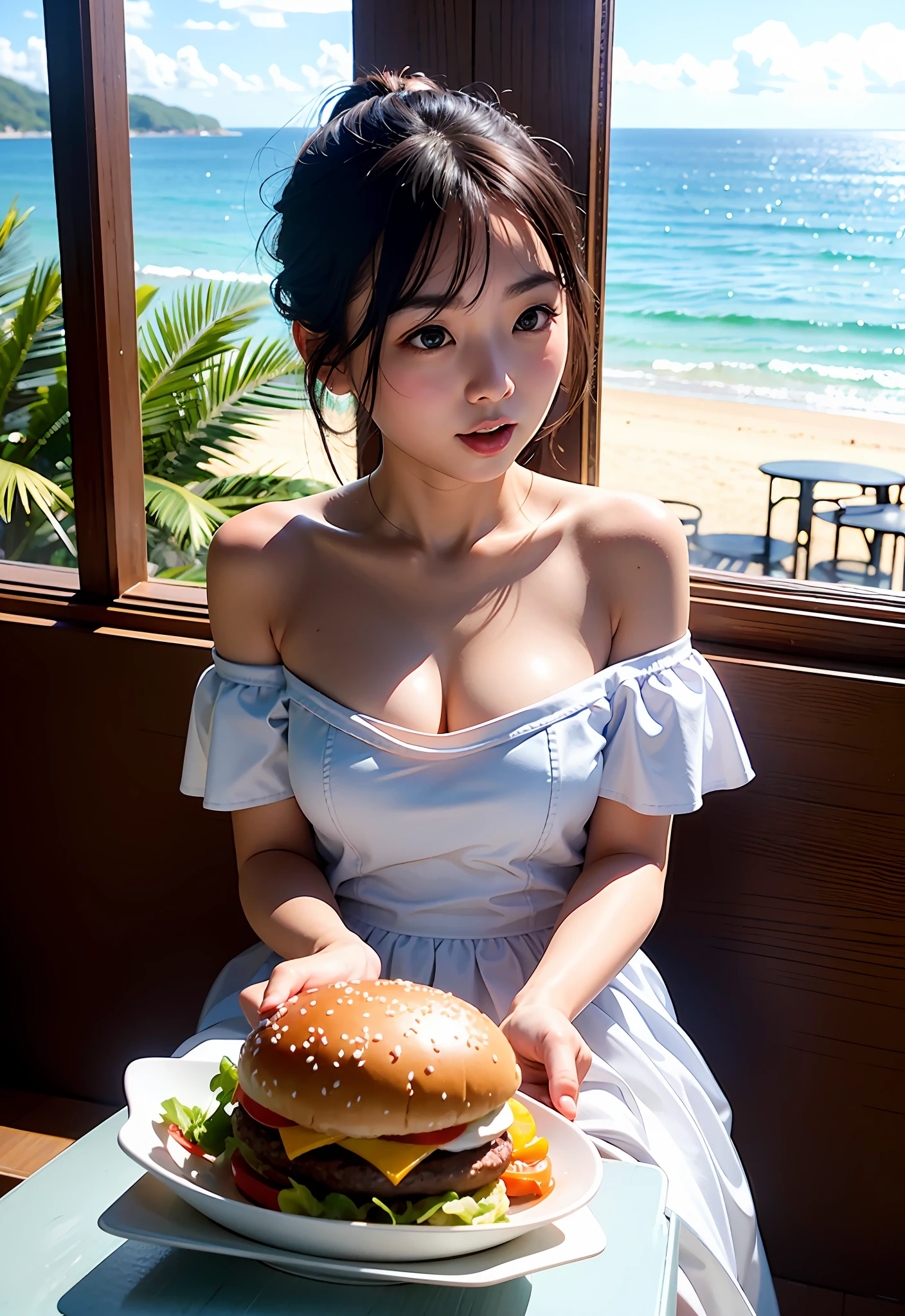 8K、Top image quality、masterpiece、夏天、20yr old、(1 adult female)、Off-the-shoulder dresses、Eating moments、by the window、ocean view、Eat a burger in a café、Eat with your mouth wide open、Looks deliciously cheeky、(Expressions that you can enjoy to the fullest)、Cinematic lighting、