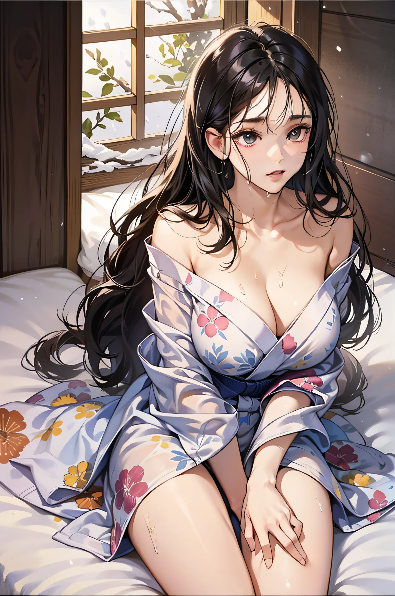 Attractive long black hair、Beautiful woman at 32 years old、Double eyelids、tthin eyebrows、Sleeping in a snow-white bed、No Underwear、Open your legs wide to see the inside of your thighs、You can see the whole body、Yukata gets wet with sweat and sticks to the skin、1 thin white see-through yukata、very large breast、The color and shape of the tip of the chest is visible 、You can see the color and shape of the areola、Looks a lot of pubic hair、The entire chest shows through、
