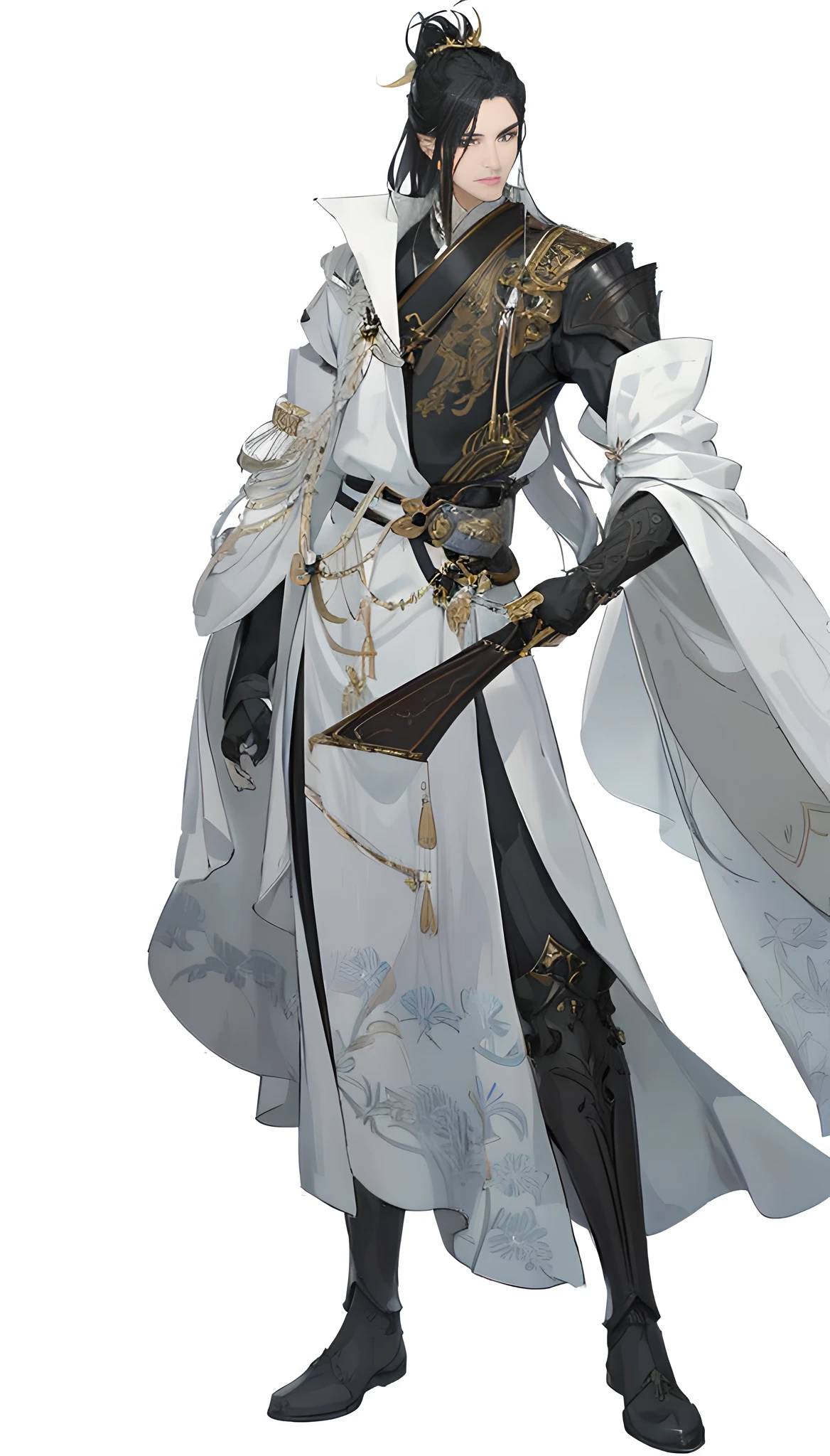 Costume image of a man holding a sword in white and black, ornate flowing robes, fashionable rpg clothing, epic exquisite character art, Intricate fantasy robes, fluid robes and leather armor, picture of a male cleric, dressed like a cleric, flowing white robe, long white robe,Gold accents, White Hanfu, ornate flowing robes, Flowing robes