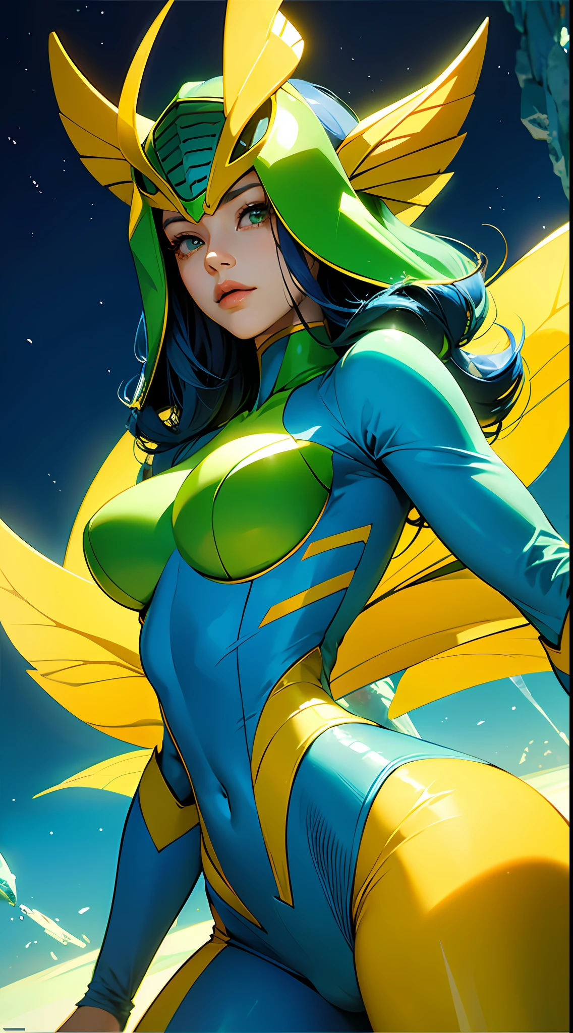 Cartoon photo of busty woman in blue and green and yellow costume、Hot insect humanoid female、Guyver Style、SFW version、Scarabeleploid、tail、Cel Shade Adult Animation、Alien Queen、Core Crystal、