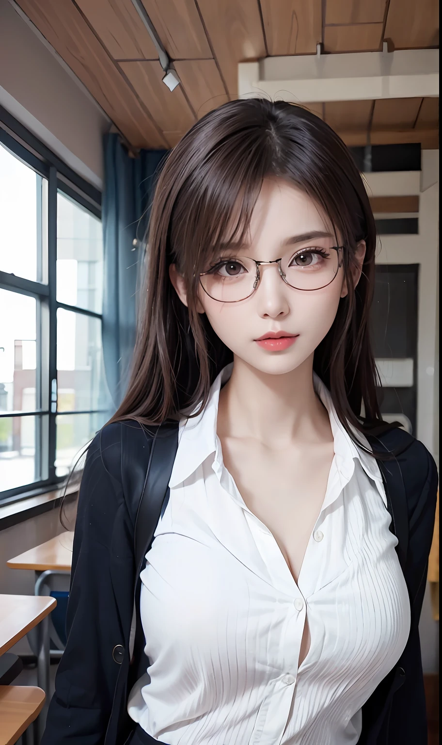 (RAW photos:1.2),high high quality,Beautiful Meticulous Girl,Highly detailed eyes and face,beatiful detailed eyes,hugefilesize,A high resolution,8k wallpaper,finely detailled,Highly detailed stock code uniform 8k wallpaper,light in face,电影灯光,16 year old girl,A sexy pose,(photo-realism:1.4),illustratio,ultra-realistic realism,super detailing, tmasterpiece, Current School Classroom,on the podium,Wear a school uniform,wears glasses,Bigchest,low chest,Background student seats
