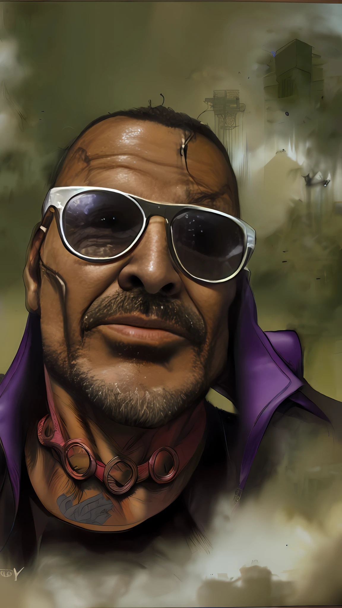 by Simon Bisley, a drug lord wearing a purple suit, sunglasses, post apocalyptic