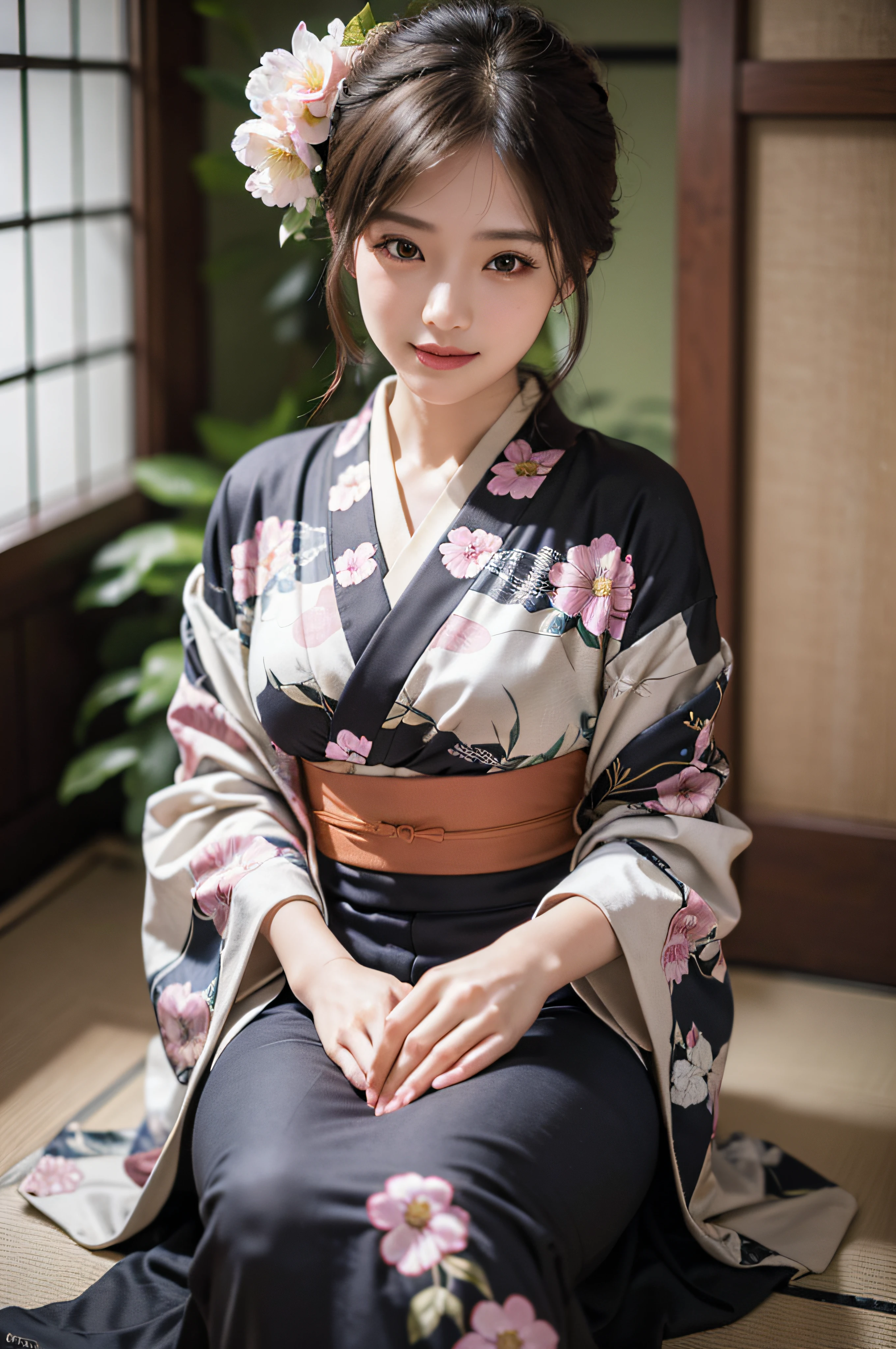 (Photorealsitic:1.4), (Top image quality:1.0), (超A high resolution:1.0), 8K, Raw photography, (​masterpiece:0.2), (pureerosface_v1:0.5)、(Best Quality Detail:1.2)、realisitic、8K UHD、hight resolution、(1girl in:1.2)、The ultra-detailliert、High quality textures、intricate detailes、detaileds、Very detailed CG、High quality shadows、Detail Beautiful delicate face、Detail Beautiful delicate eyes、depth of fields、Ray traching,1girl in, japanaese girl, Cute, slender, Black kimono, Kimono with Japanese pattern,Floral scrunchie, Beautiful skin, Facing the front,Sit down, Sit upright and say thank you,Align your hands elegantly,Smile faintly The Land of Japan,Japanese garden,Luxury Japanese-style room, skyporn, Magic Hour, (Realistic:1.3), Finely detailed, quality, (masutepiece:1.2), (Photorealistic:1.2), (Best Quality), (Intricate details), Dramatic, Ray tracing, photograph, +Lola