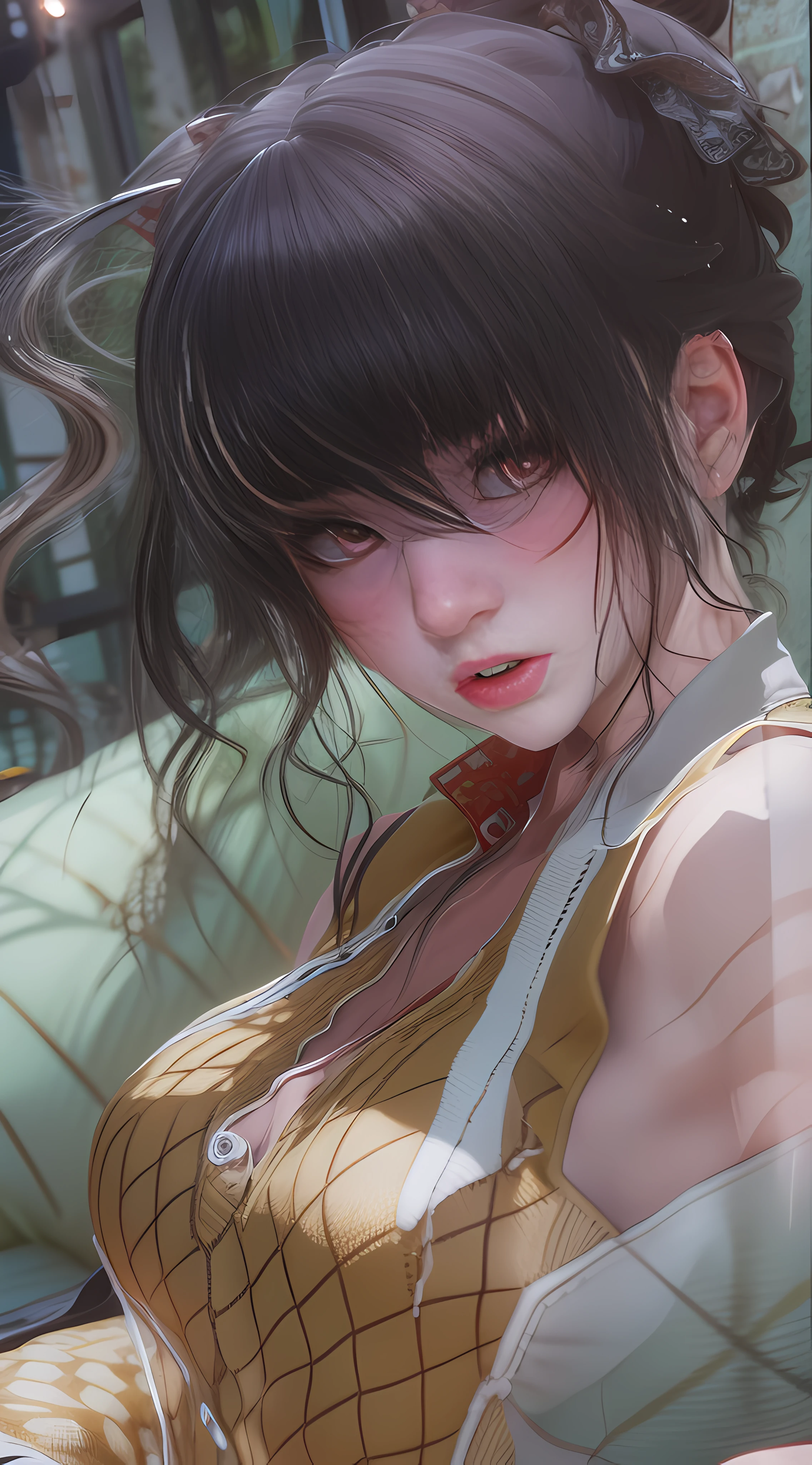 masterpiece, highest quality, high resolution, solo, indoor, lie down, detail maniac, hd, high quality, detailed face, detailed body limbs, detailed, 1 girl, solo, hyuga sleeveless clothing, bed, sleeveless shirt, fishnet clothing, dark lips, buttonless jacket, no bra, exposed, blush, white light stockings, transparent clothes, leaking private parts, R18, reality, female , running liquid, red eyes, black hair, face focus, beautiful face.