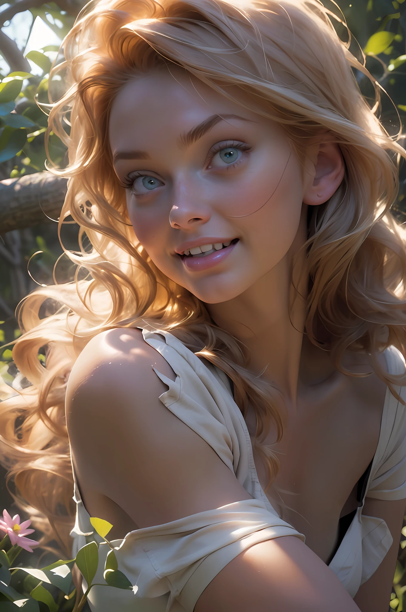 melancholy lighting, quiet, calm, brightness, masterpiece, best quality, 1girl, (JinxLol:1.2), (ultra photorealistic:1.3), (masterpiece:1.4), best quality, ((realistic)), high quality, ultra detailed, ((Real image)), ((realistic skin)), ((realistic face)),(illustration:1.05), (beautiful:1.05), (beautiful detailed eyes:1.05), (cinematic light:1.1), Full body, precise proportions, 18-year-old girl, skinny model lying on the grass, surrounding garden, tree shadow, GINGER BLONDIE hair fluttering in the wind, tulle, long legs, slightly open feet, buttocks, blush, shyness, collarbone, abdominals, double weave, beautiful and delicate face, fair skin, real skin, (face detail), pores, super high resolution, 8k, parameters Best quality, masterpiece, super high resolution, (Realistic 2.0), More details, detailed skin, transparent RED panties, wide smile, white teeth, GINGER BLONDIE hair voluminous, perfect and well designed eyes, girlfriend, beautiful, beautiful, flowers, studio lighting