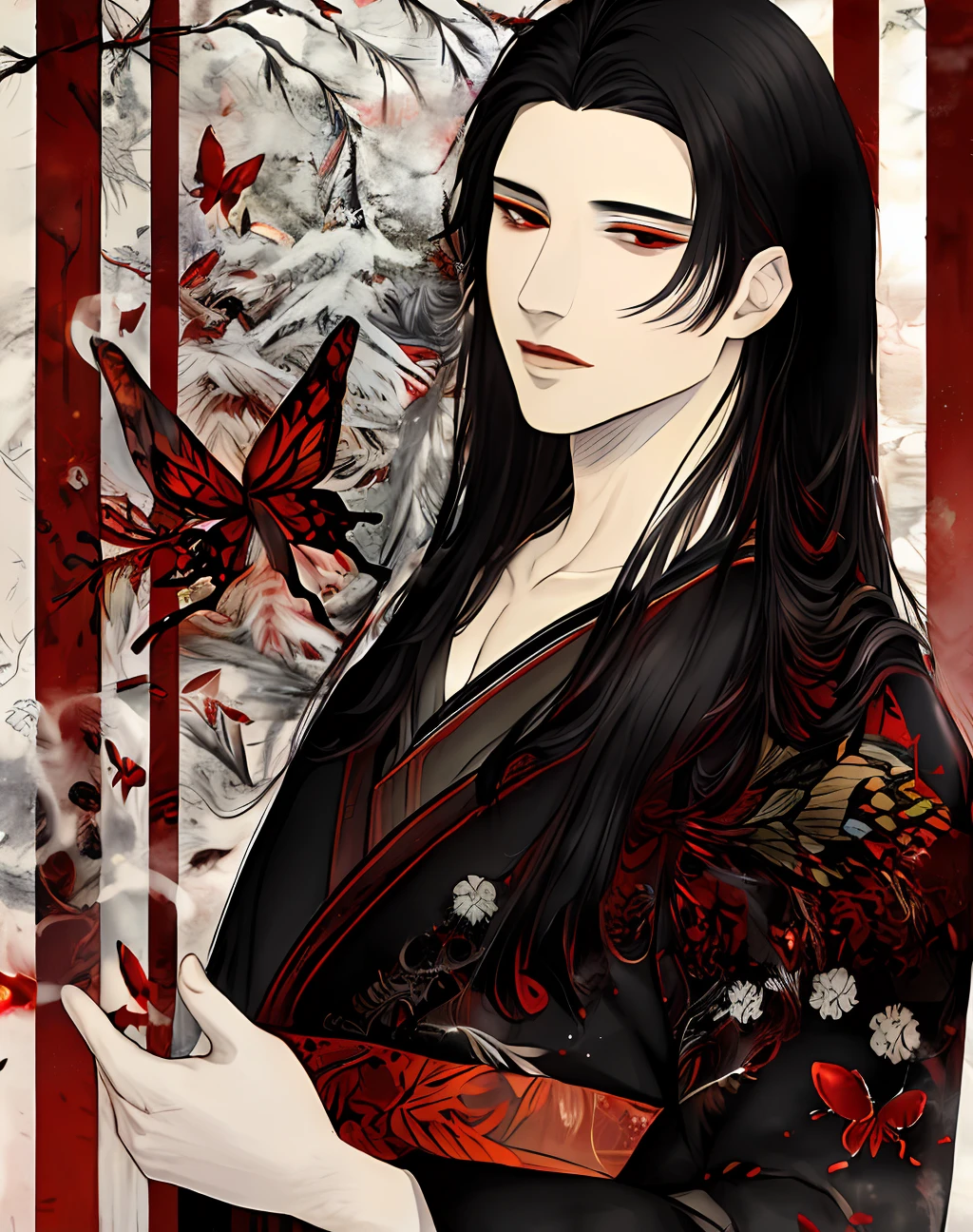 masterpiece, portrait, smoke, winter, snow, red and blck butterfly, snowy trees, watercolor, (((man))), kimono, red eyes, detaled eyes, black hair, long hair, perfect detailed face, night, attractive man,