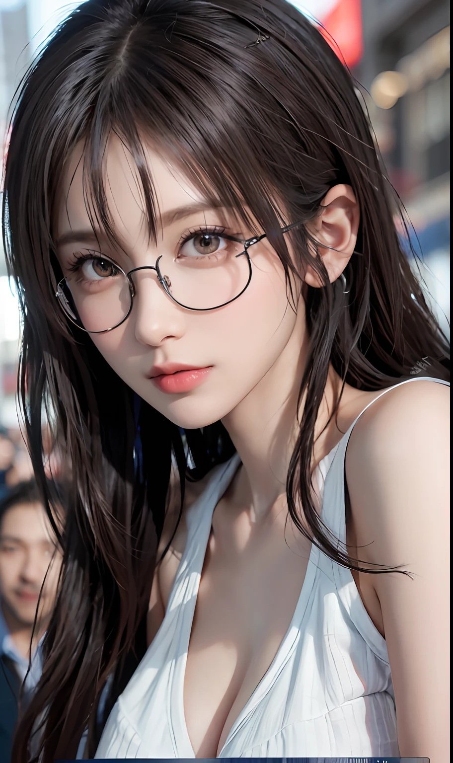 (RAW photos:1.2),high high quality,Beautiful Meticulous Girl,Highly detailed eyes and face,beatiful detailed eyes,hugefilesize,A high resolution,8k wallpaper,finely detailled,Highly detailed stock code uniform 8k wallpaper,light in face,电影灯光,16 year old girl,A sexy pose,(photo-realism:1.4),illustratio,ultra-realistic realism,super detailing, tmasterpiece, On the street,Off the street,Street viewing angle,Wear a school uniform,wears glasses,Bigchest,low chest