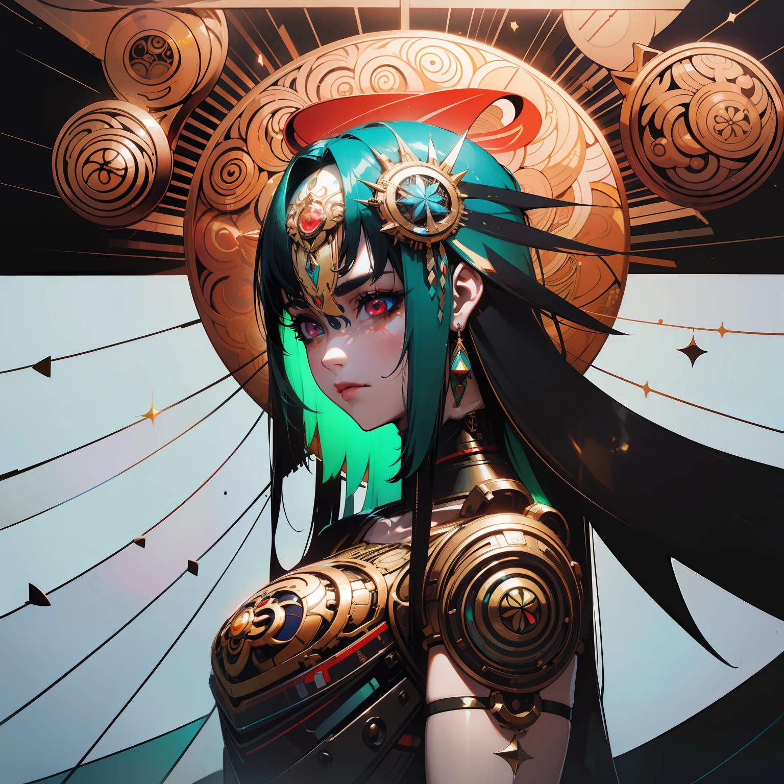 indigenous futurism, indian cybernetic cyborg goddess, cyberpunk, the style of fantastical fantasy compositions, dark prism, eye-catching metallic compositions, symmetrical arrangements, eye-catching iridescent red, blue, green,yellow,bright neon,luminous, distinctive noses, ethereal,bloody colorful, eye-catching compositions with rainbow prism,high resolution, masterpiece,composite cybernetic metallic bodysuit, indigenous cybernetic jewellery and ornaments,symmetrical design ,character concept art,Rendered in Octane,trending in artstation, cgsociety, 8khighly detailed,Junji Murakami, Mucha Klimt, Sharandula, Hiroshi Yoshida, Tom Bagshaw, Ross Tran, Artgerm,Craig Mullins,dramatic,Junji Murakami, moody lighting post-processing,cinematic lighting ,ar 2:3 –uplight