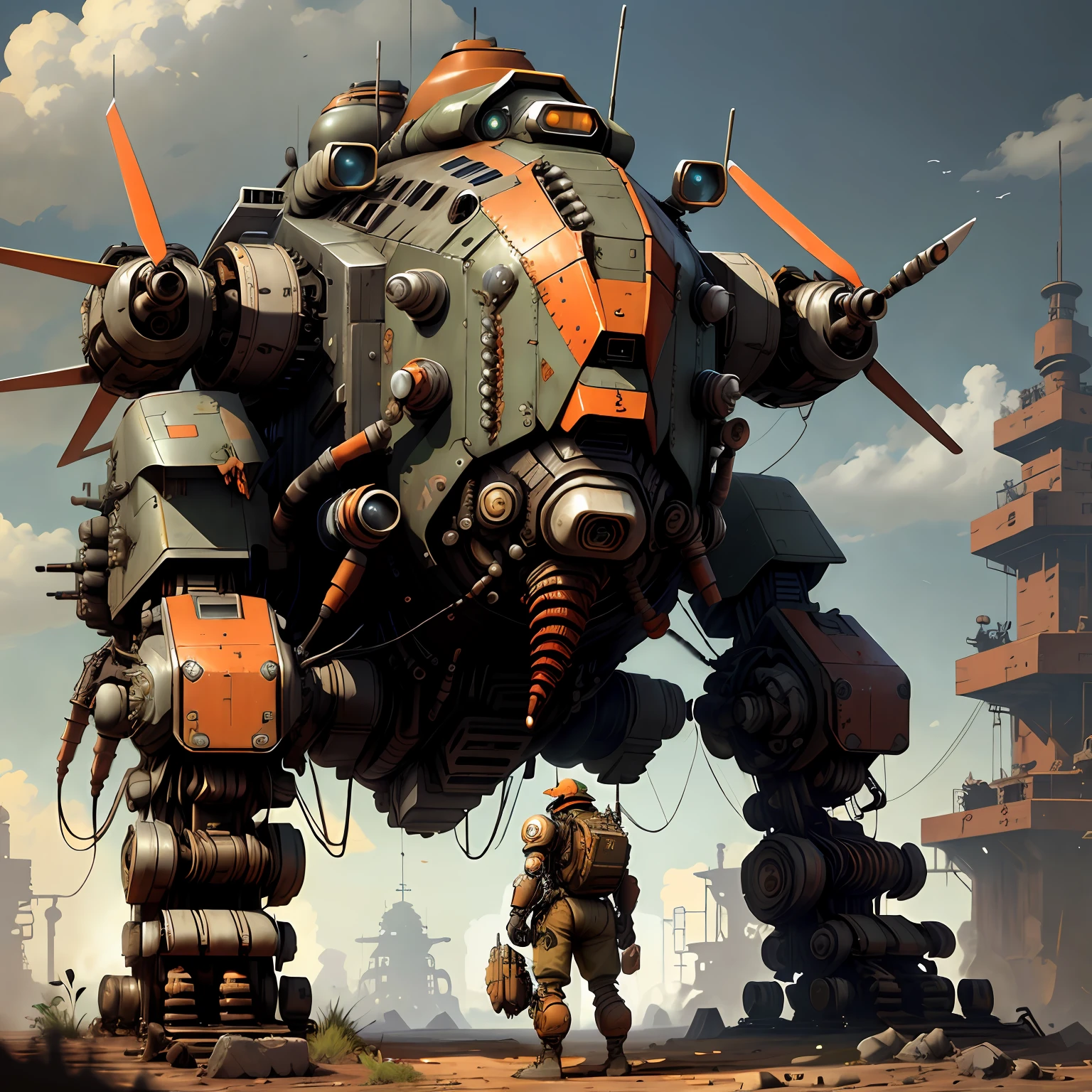 orange colors，Dieselpunk AI fighter mech