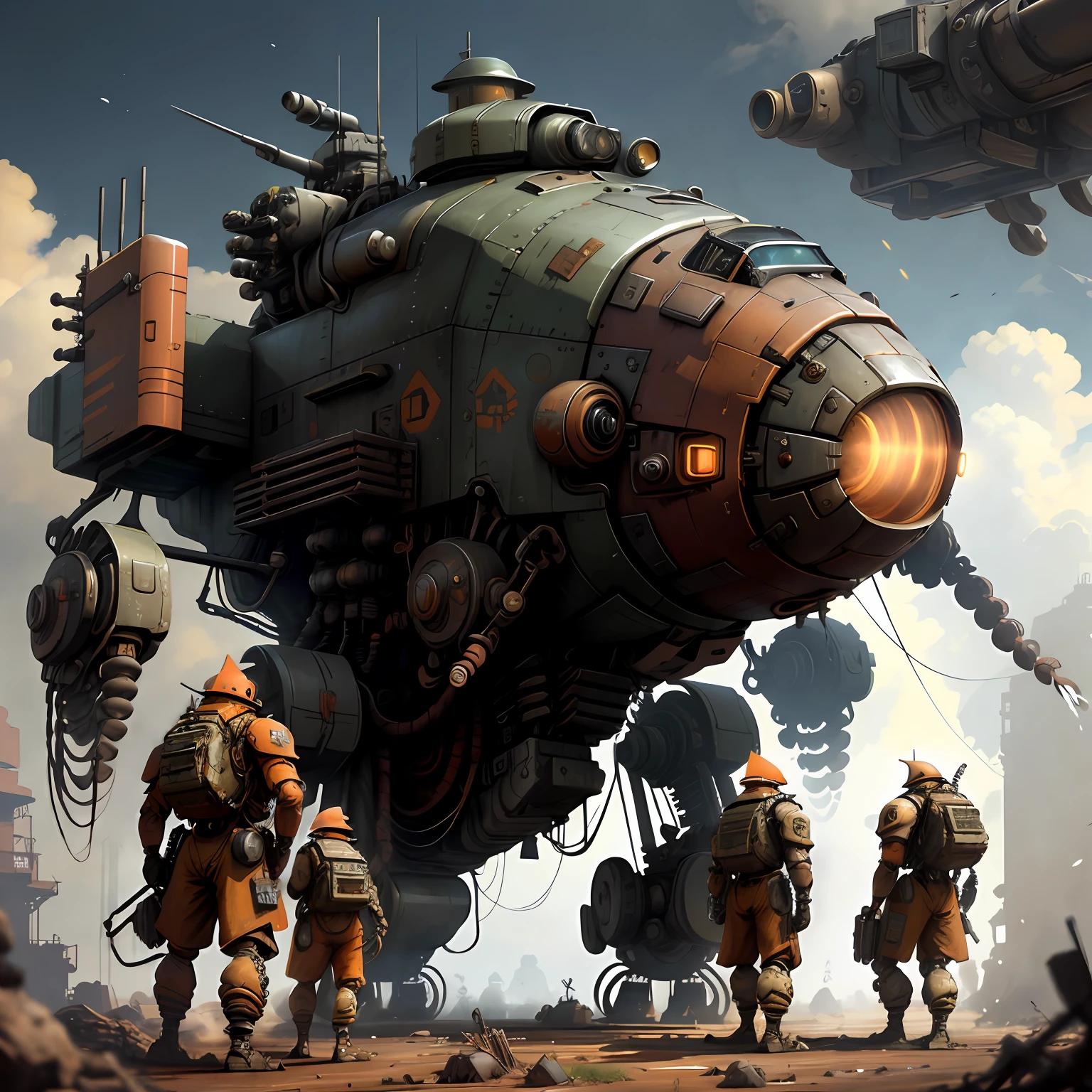 orange colors，Dieselpunk AI fighter mech