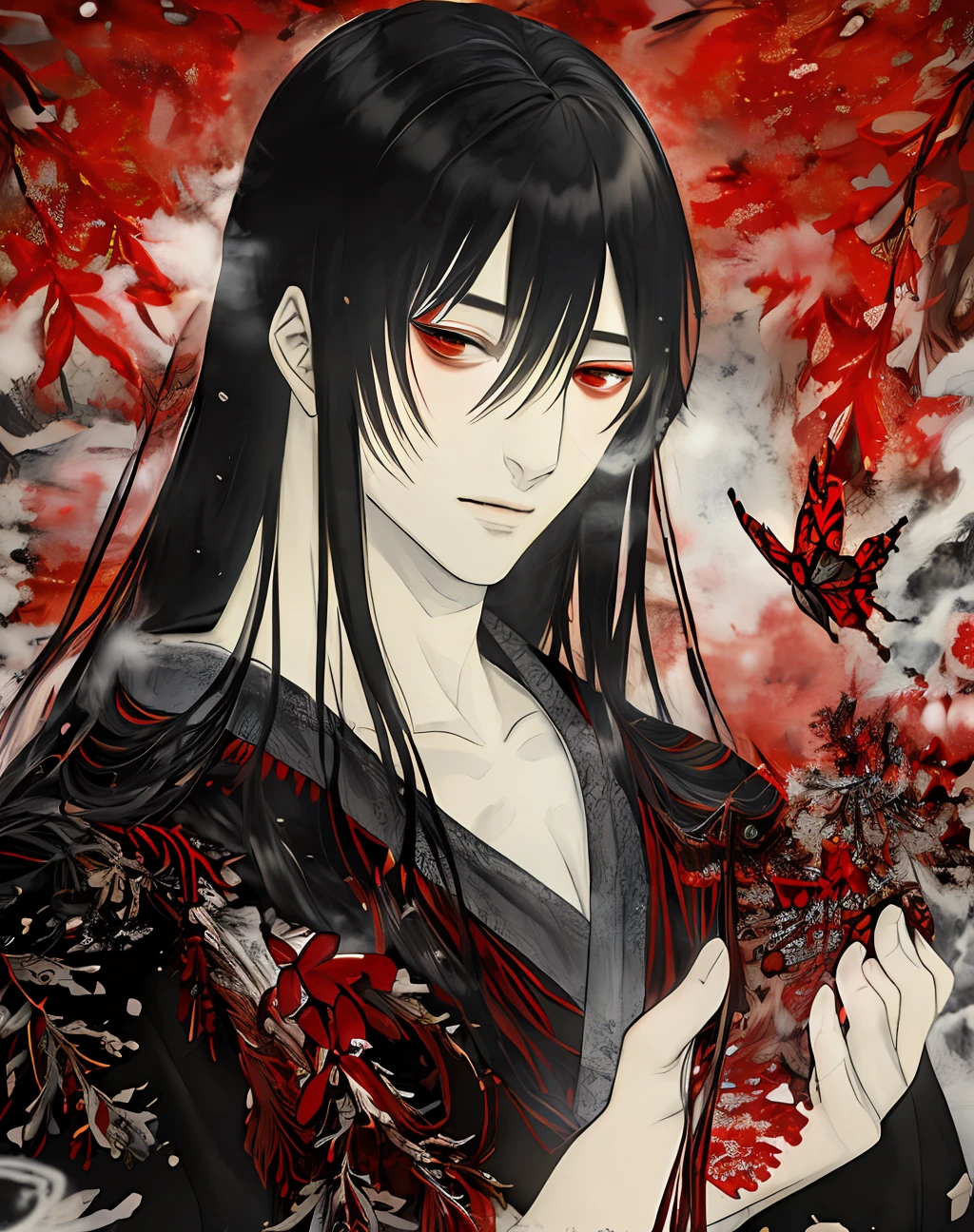 masterpiece, portrait, smoke, winter, snow, red and blck butterfly, snowy trees, watercolor, (((man))), kimono, red eyes, detaled eyes, black hair, long hair, perfect detailed face, night, attractive man,