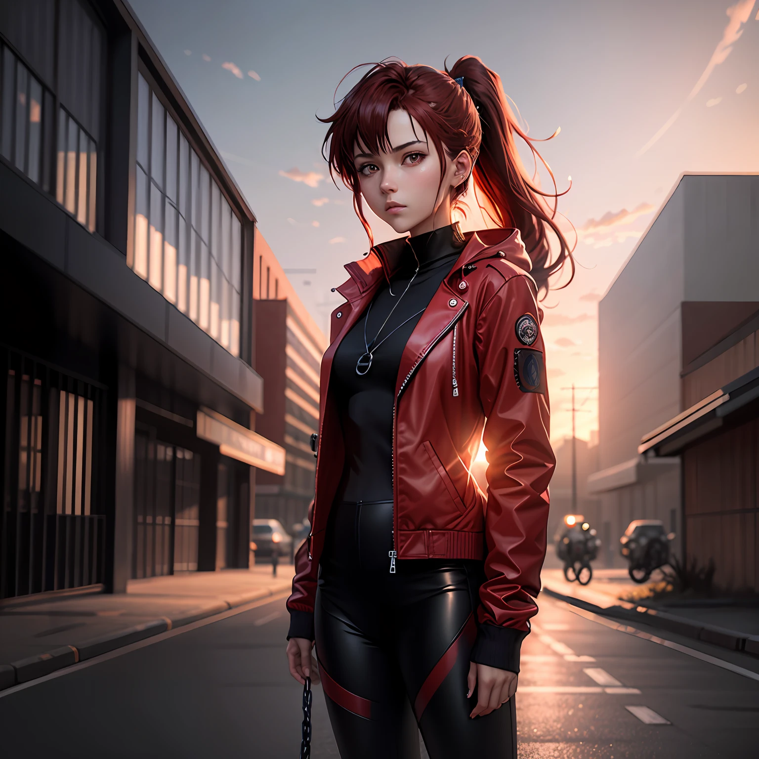 1girll，jaket，Sateen，exteriors，Tight combat suit，EVA，Shin Evangelion，mechs，Open red jacket，chain，Hand in hand，Look at the other person，Messy red hair，Red double ponytail，Red headphones，Trends on ArtStation，8K分辨率，The is very detailed，anatomically correcte，Sharp images，digitial painting，concept-art，Trends on pixiv，Estilo de Makoto Shinkai，Red sunset，fundo vermelho，Red sky，