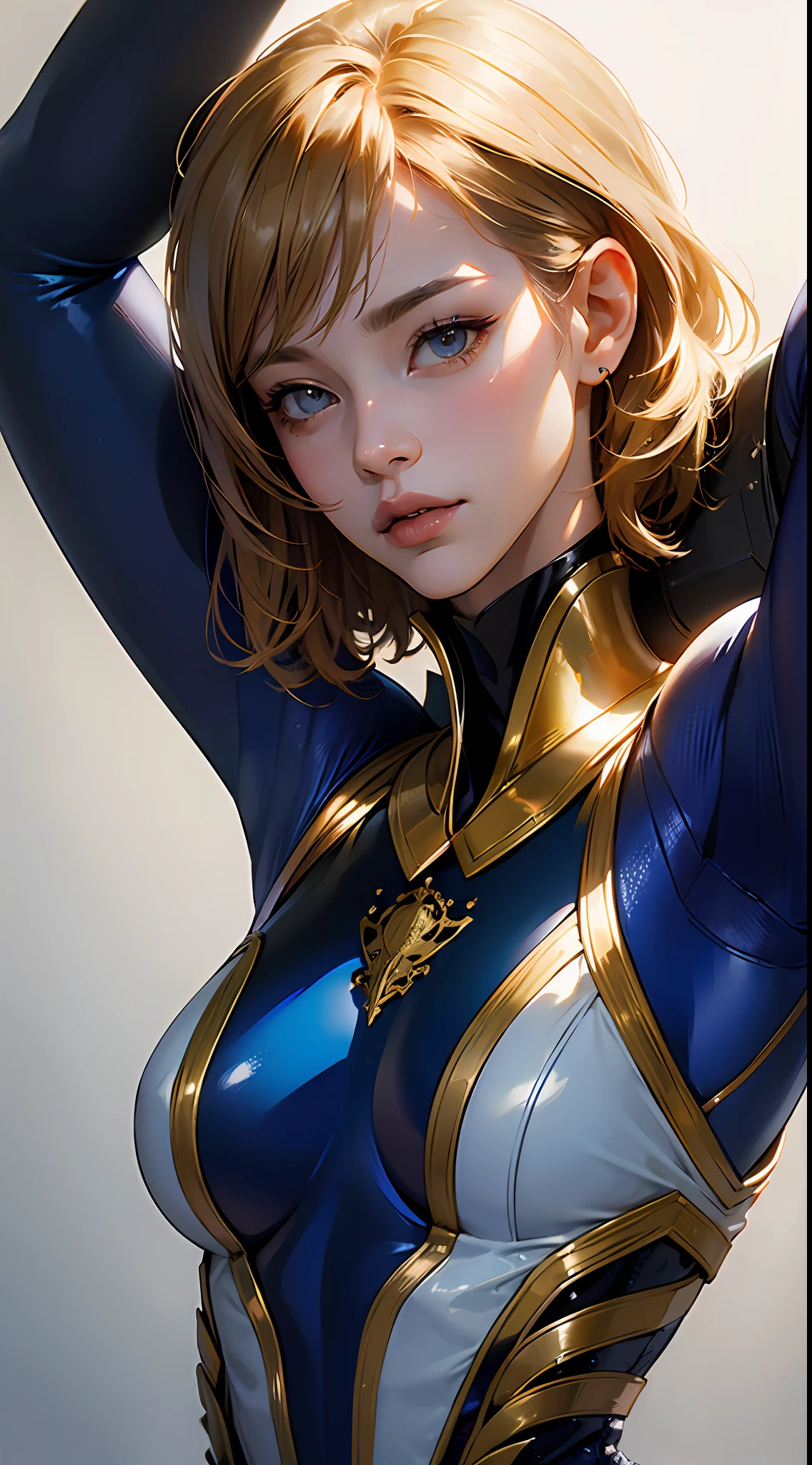 PM, (Blue latex suit:1), Golden Fringe Shorthair, Light brown eyes, 1girl in, 20yr old, Innocence, (Photorealsitic), (intricate-detail:1.2),(​masterpiece, :1.3),(top-quality:1.4), (超A high resolution:1.2), 超A high resolution, (A detailed eye), (detailed facial features), nffsw, 8K分辨率, (lensflare:0.7),