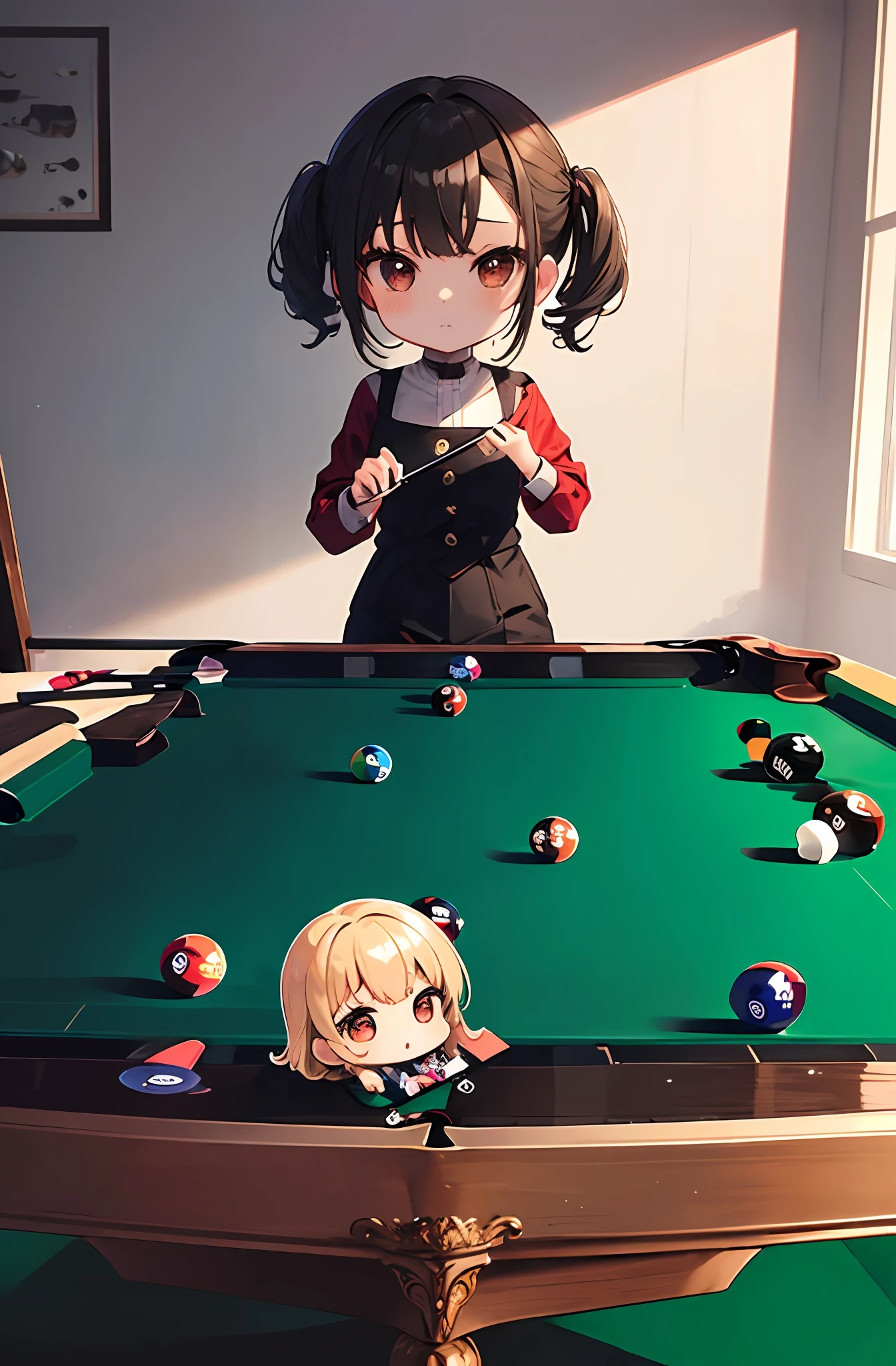 (Chibi:1.3), group_photo, (luxury billiard play pool room:1.3), sitting on billiard play table side, (holding a billiard cue),