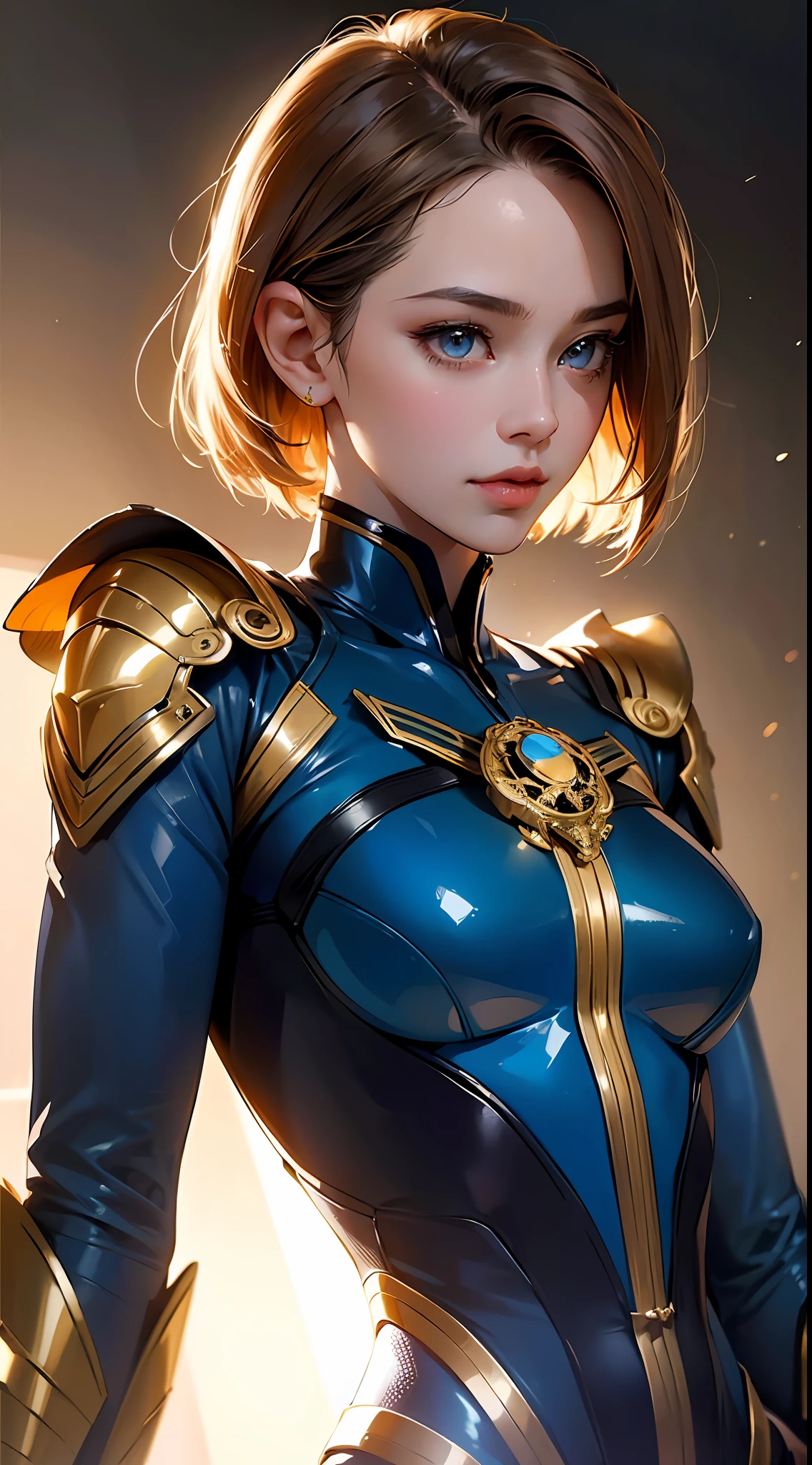 PM, (Blue latex suit:1), Golden Fringe Shorthair, Light brown eyes, 1girl in, 20yr old, Innocence, (Photorealsitic), (intricate-detail:1.2),(masterpiece, :1.3),(top-quality:1.4), (超A high resolution:1.2), 超A high resolution, (A detailed eye), (detailed facial features), nffsw, 8K分辨率, (lensflare:0.7),