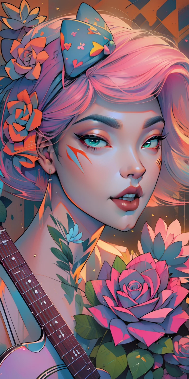 Background, In chic boho style, in club, Ice cream print, multi-colored neon lights, neon garlands, rose hair, mixed-language_SMS, Japanese, (beautiful and clear background:1.2),, fantastic paintings ,graffit style, high detailed eyes , underwear, lace, latex, Pink, Purple, mint, Blue, Yellow, belve, lavender hair, Skull Print, body piercings, Loving, Love, ultra detail hair, Masterpiece, Best Quality, hiquality, hight resolution, detail enhancement, ((most beautiful image in the world)), Masterpiece, Best Quality, hiquality, hight resolution, detail enhancement, ((most beautiful image ), Shiny pink degrade hair, Ultra Short Fitted Stampa, art by stjepan sejic, art by j scott campbell, Artist Guillem March, art by citemer liu, 4k, hight resolution, comic book character, comic, high quality detailed,   style of ::2.0 comix illustration style,tatoon style, hiquality, hight resolution, detail enhancement, 8K, HD, Best Quality, hiquality, hight resolution, detail enhancement, 8K, HDR, sharp-focus, Ultra Detailed, perfect  lighting, Curvy Body, Lush breasts, Curvy hips, skull print on clothes, rock, rock star, Cool,black leather jacket with skull print, style of, spikes, Punk Rock, Wolf, Cat's ears, Cool bracelets, Choker, calavera, gotik, Short shorts, fishnet pantyhose,  (((plays the guitar))) plays the electric guitar, Plays, electric guitar, musician, guitarist, neon strings, virtuoso, Heart Print, Heart, glares, Multi-colored highlights, disco, cacti,  Succulents,