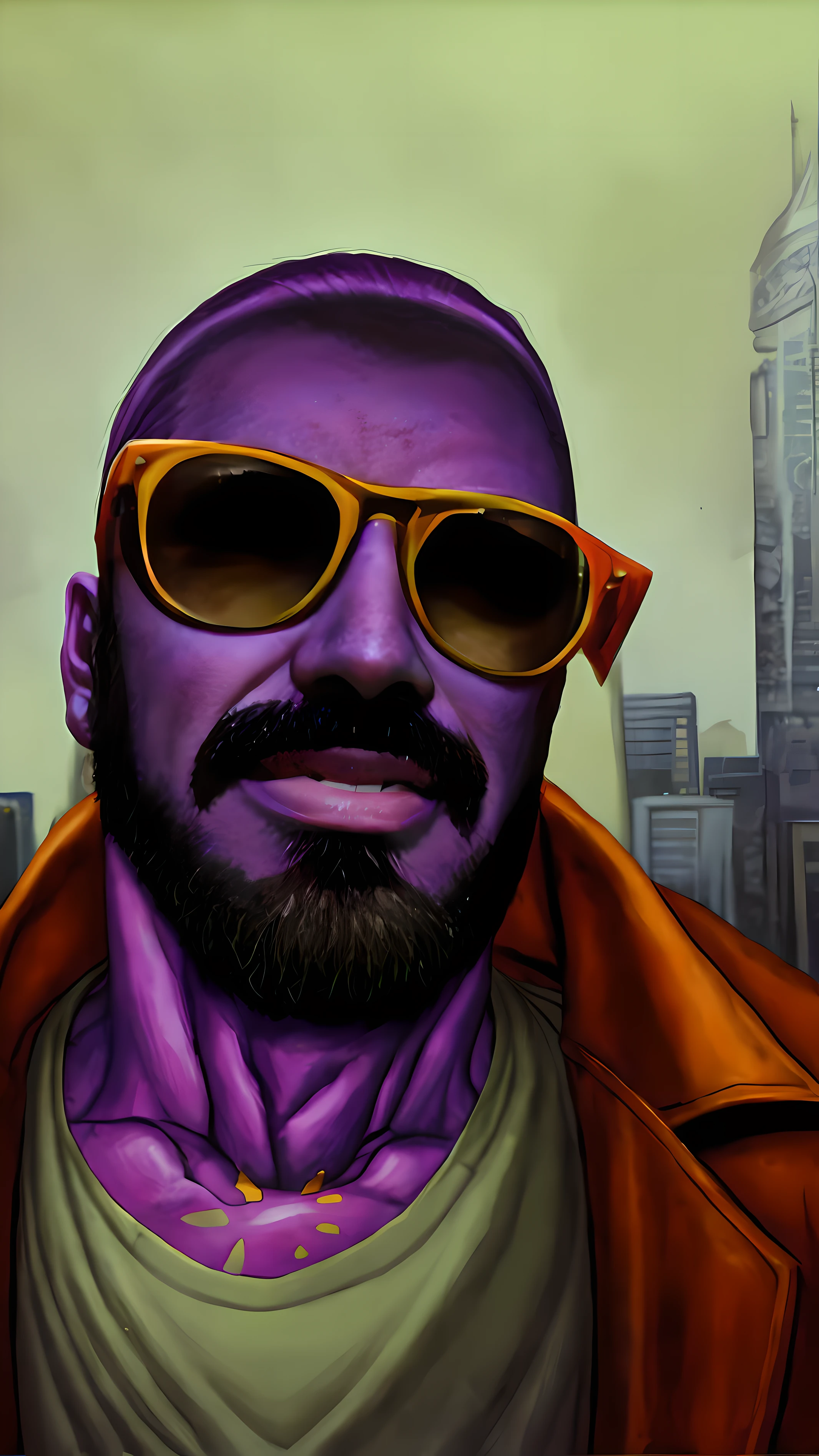 by Simon Bisley, a drug lord wearing a purple suit, sunglasses, post apocalyptic