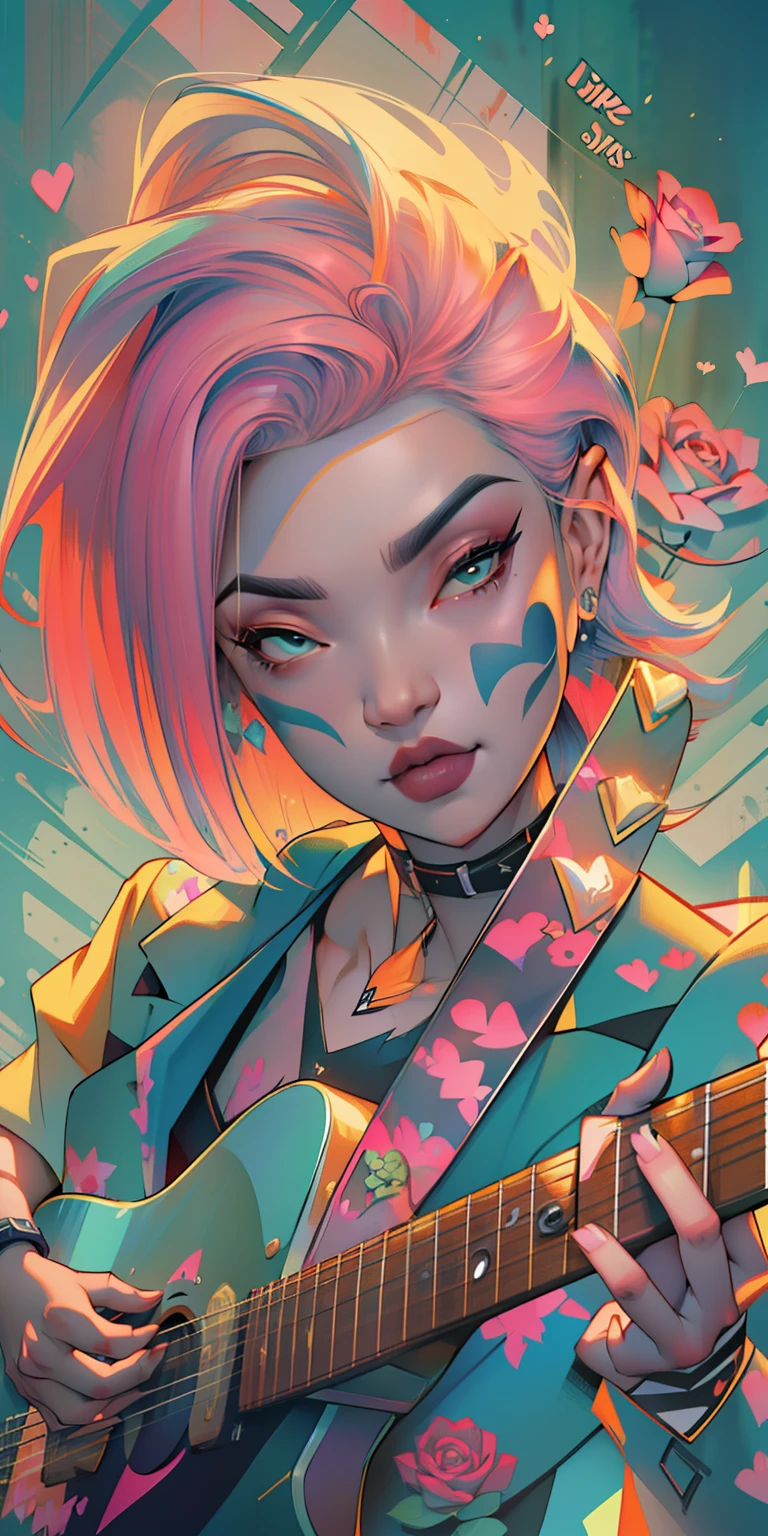 A girl with pink hair playing a guitar in front of a building - SeaArt AI
