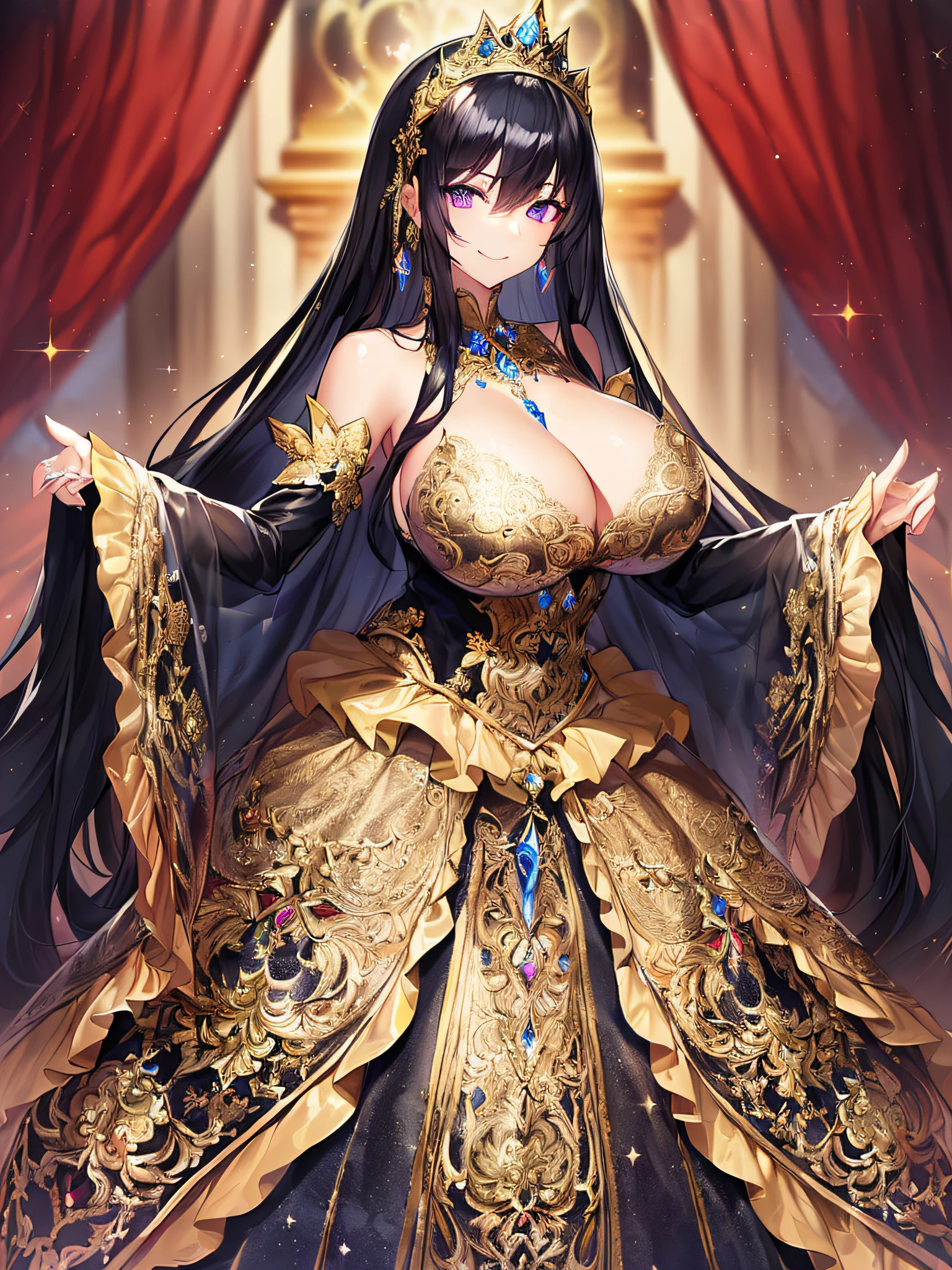 ((anime artstyle)),(Masterpiece),(Best Quality), (Super Detail),((Very Delicate and Beautiful)),((Solo)),((full body)),((one arrogant queen in glitter jeweled black and gold gorgeousfull rococo ball gown with voluminous fluffy skirt)),((BlingBling)),((arrogant)),(((haughty smile))),(Purple eyes),Sharp eyes,detailed face and eyes,jewel-like eyes,((Very Long voluminous black Hair)),Straight Hair,((Bangs between eyes)),((gorgeousfull embroidery and lace)),gorgeous corsage,See-through,gorgeousfull hair ornament,gorgeousfull glitter jeweled tiara,ornate ruffles,((gigantic breasts,Long breasts)),skindentation,((full body)),((hoop skirt,crinoline)),gorgeousfull jewelry ornaments,Dynamic Angle,Looking at viewer,royal gorgeous palace,(((gorgeous embroidery and glitter jeweled black and gold gorgeousfull rococo ball gown with voluminous fluffy skirt))),(full body)
