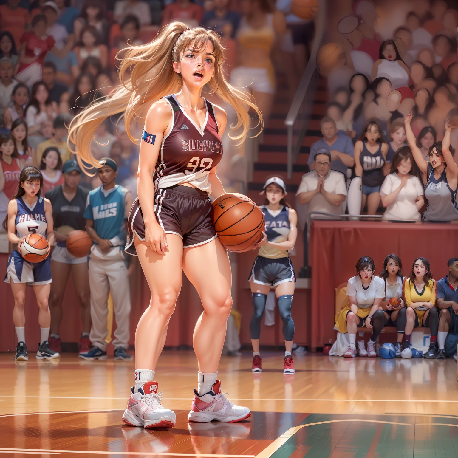 (hight resolution, Best Quality, Masterpiece:1.4), (Milf, Mature woman:1.3), sparkly skin, thick-thighs;, wide hips, Teeth on the skin, small breasts, (Woman in basketball clothes:1.3), Basketball jersey, basketball shorts, Short shorts, Sweating Lots,, Sweating Lots,, (On the basketball court:1.2), (Her panties are visible under her shorts:1.2),  taut clothes, pubic hair, The expression of an angry face, Mrs, Dominant woman, Alpha Woman, From Bottom, Blushing, Beautiful background,