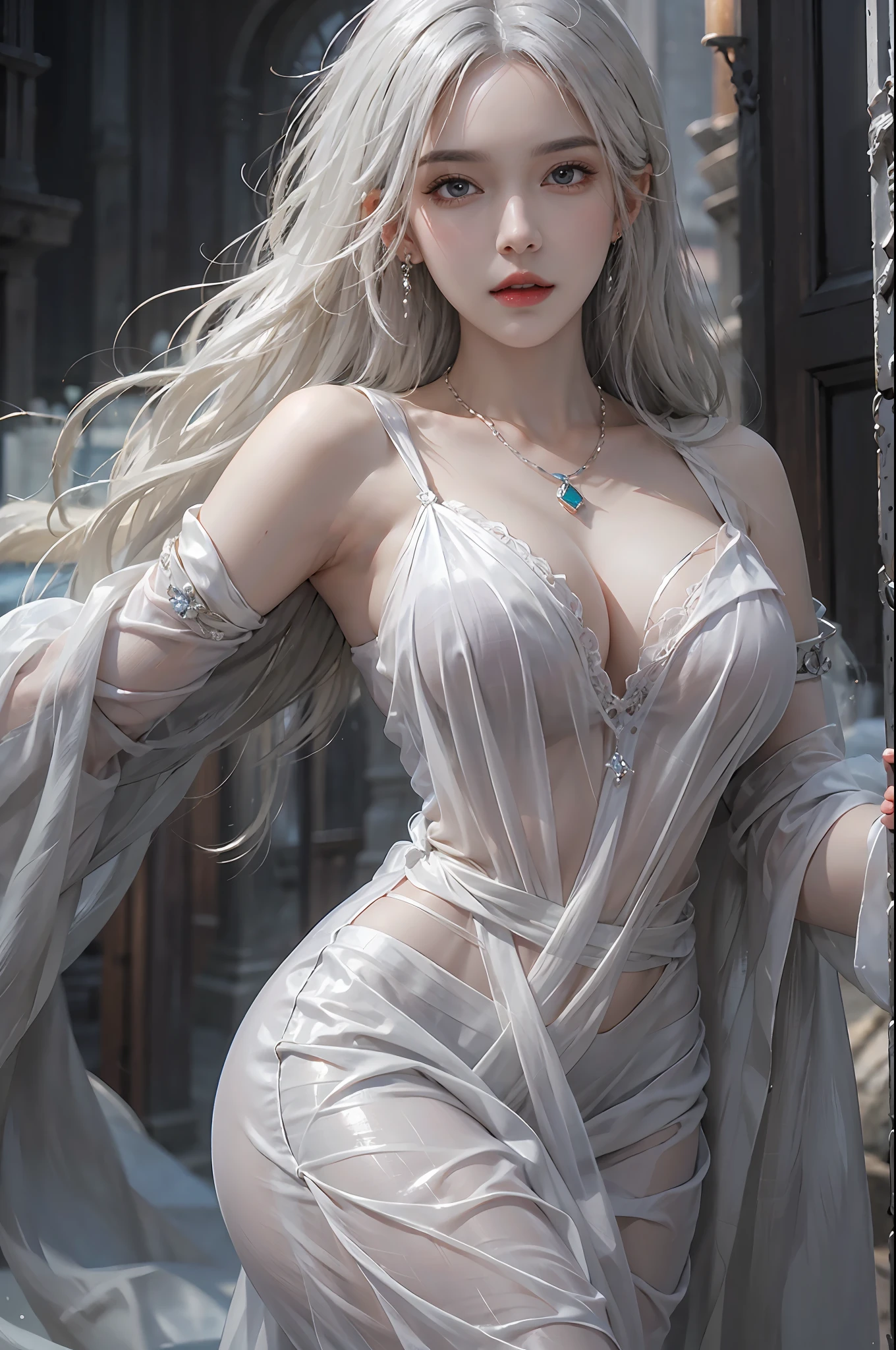 photorealistic, high resolution, 1 woman, solo, hips up, detailed face, beautiful eyes, narrow waist, white hair, long hair, huge breast, bracelets,elegant necklace, elegant diamond earrings, elegant dress, earrings, vampire, fantasy