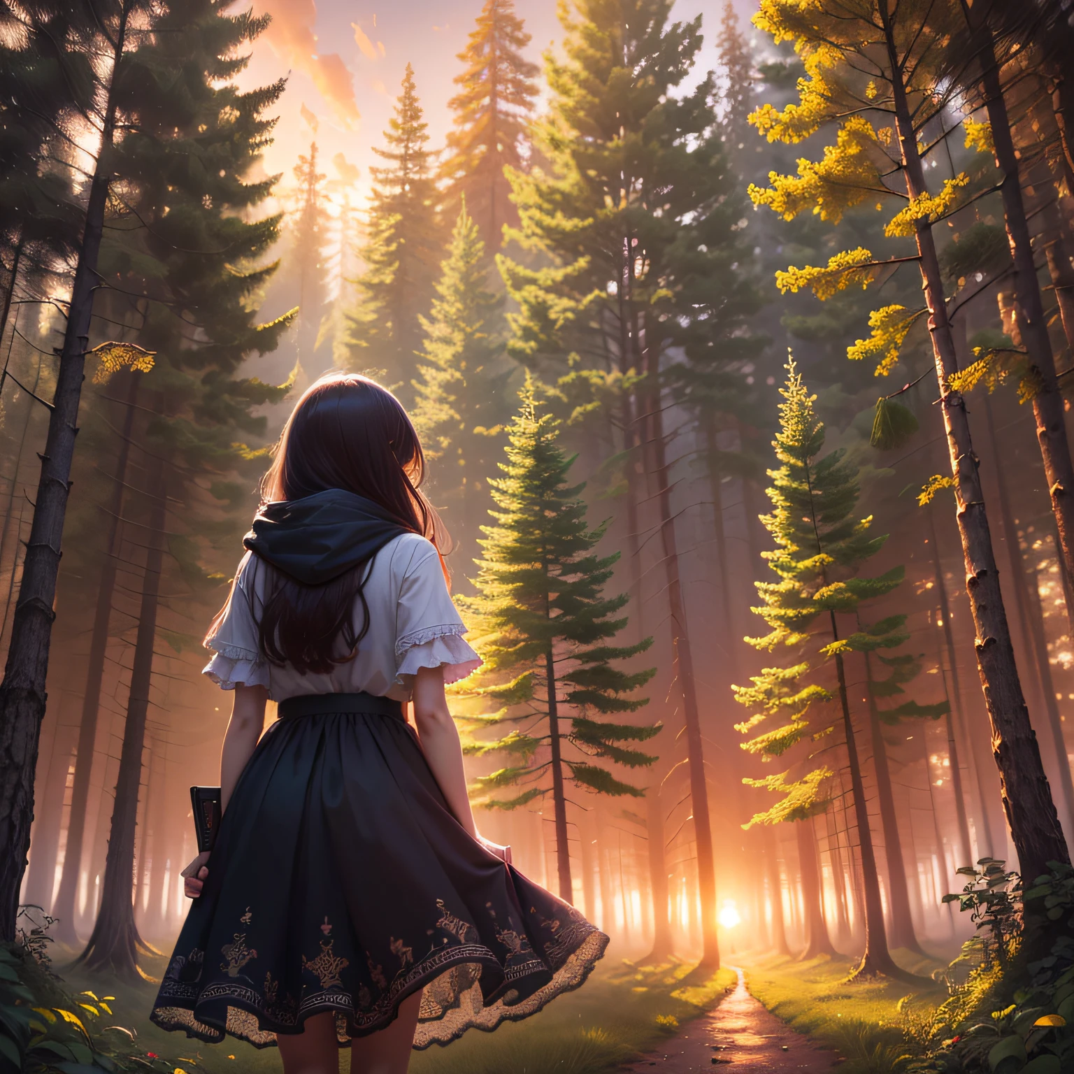 ((masterpiece,best quality,ultra detailed,ultra high res,detailed background)),sunrise,forest,impressive,chill,inspirational,1girl,facing away