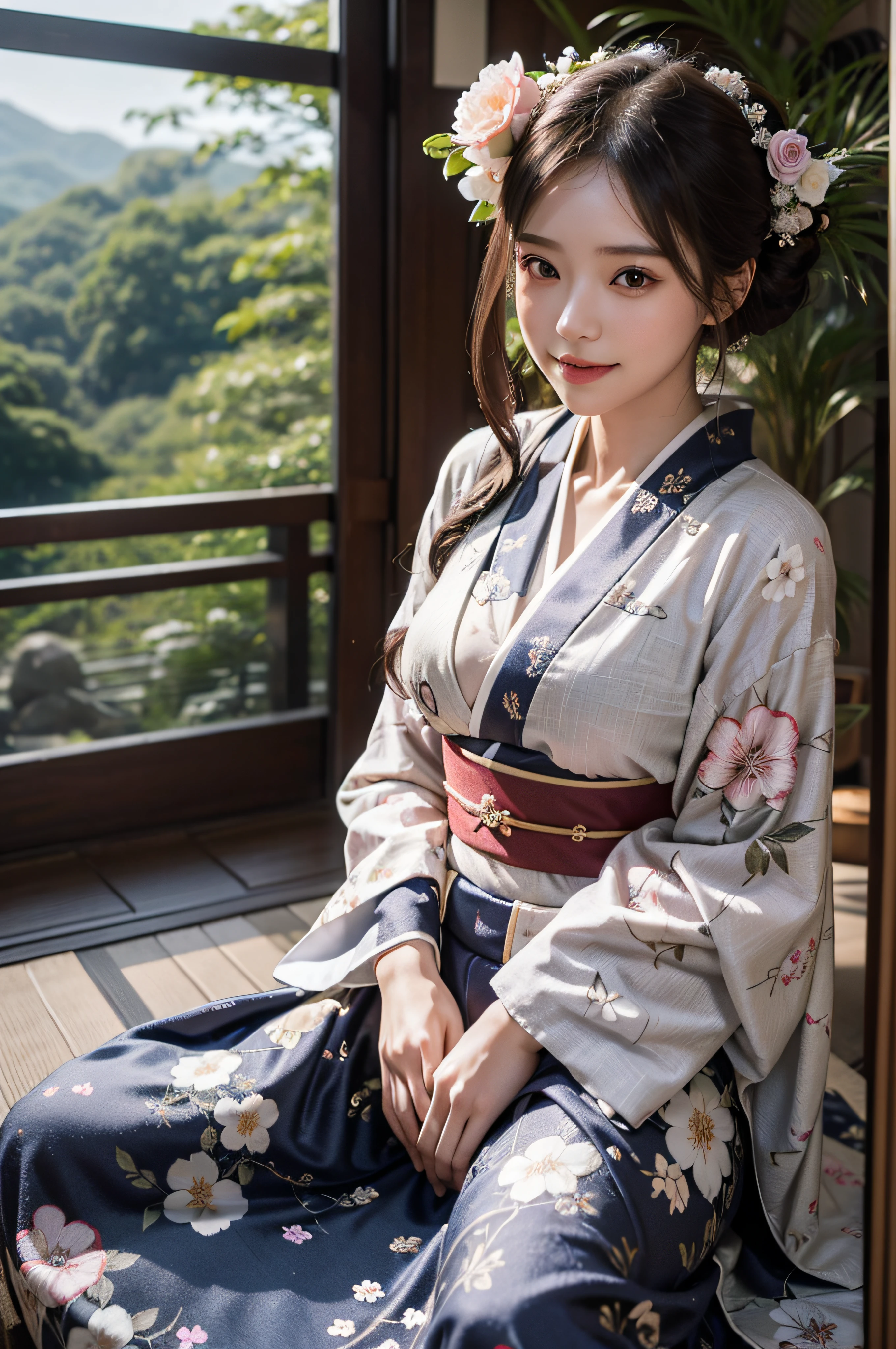 (Photorealsitic:1.4), (Top image quality:1.0), (超A high resolution:1.0), 8K, Raw photography, (masterpiece:0.2), (pureerosface_v1:0.5)、(Best Quality Detail:1.2)、realisitic、8K UHD、hight resolution、(1girl in:1.2)、The ultra-detailliert、High quality textures、intricate detailes、detaileds、Very detailed CG、High quality shadows、Detail Beautiful delicate face、Detail Beautiful delicate eyes、depth of fields、Ray traching,1girl in, japanaese girl, Cute, slender, Black kimono, Kimono with Japanese pattern,Floral scrunchie, Beautiful skin, Facing the front,Sit down, Sit upright and say thank you,Align your hands elegantly,Smile faintly The Land of Japan,Japanese garden,Luxury Japanese-style room, skyporn, Magic Hour, (Realistic:1.3), Finely detailed, quality, (masutepiece:1.2), (Photorealistic:1.2), (Best Quality), (Intricate details), Dramatic, Ray tracing, photograph, +Lola