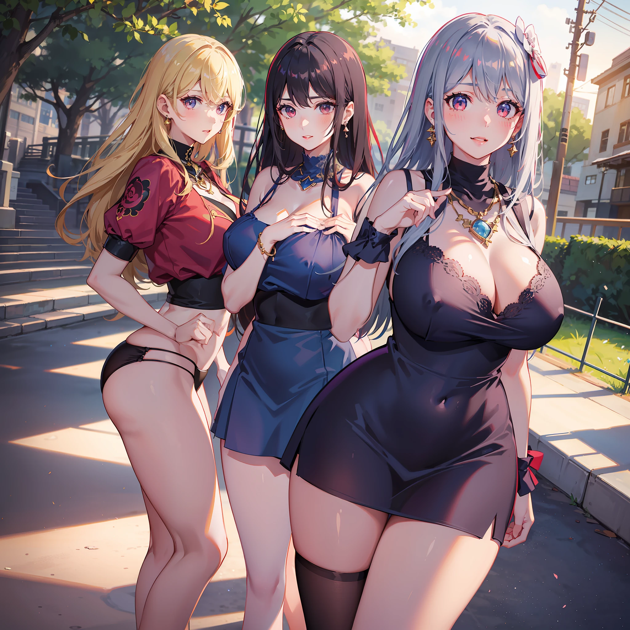 Three girls standing in the park at night,Clear sky in the background. Park benches and soft lighting, Rear photo, (Side photography), looking back at the viewer, (Masterpiece), ((Ultra-detailed)), (Highly detailed), (Expressionless), (Best quality: 1.2), 8K, hdr, A high resolution, absurderes: 1.2, Object perspective, Blurred background, Bokeh: 1.1, Lens flare, (vivd colour: 1.2), High quality texture, Detailed texture, High-quality lighting and shadows, a face with perfect proportion, full bodyesbian, Mature and excited body, Detailed skin texture, vibrant, pale and radiant skin, natural saggy breasts, gigantic bosom: 1.5, High waist, Narrow waist: 1.3, Wide hips, Full buttocks, Detailed beautiful face, (PureErosFace_V1:1.3)(Ulzzang-6500:0.4) Detailed beautiful eyes, Symmetrical eyes, Perfect eyes, Seductive eyes, Beautiful nose, High nose, Clear blush, Detailed lips, Earrings, hoop earings, necklace, jewelry, Sapphire heart necklace, Silver-toned high-heeled sandals, Seductive expression, Smile, Perfect hands, Delicate and beautiful fingers, Detailed beautiful legs, photo-realistic hair, detailed hairs, (Silver dress, Red dress, Blue dress), Chisato Nishiki, Long hair, Blonde hair, (Red eyes: 1.5), Hair ribbon, Bob cut, Red hair ribbon,),gigantic cleavage breasts,Japan goddess,blush,