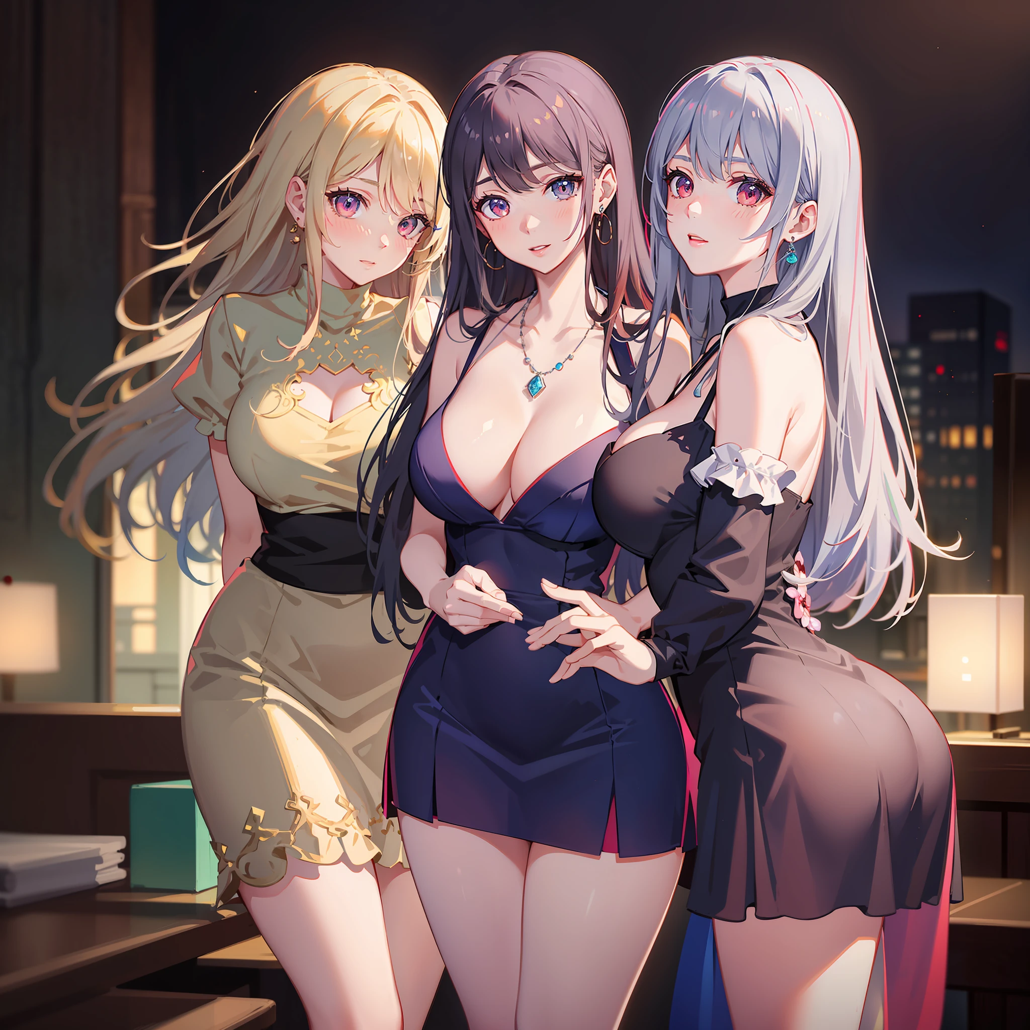 Three girls standing in the park at night,Clear sky in the background. Park benches and soft lighting, Rear photo, (Side photography), looking back at the viewer, (Masterpiece), ((Ultra-detailed)), (Highly detailed), (Expressionless), (Best quality: 1.2), 8K, hdr, A high resolution, absurderes: 1.2, Object perspective, Blurred background, Bokeh: 1.1, Lens flare, (vivd colour: 1.2), High quality texture, Detailed texture, High-quality lighting and shadows, a face with perfect proportion, full bodyesbian, Mature and excited body, Detailed skin texture, vibrant, pale and radiant skin, natural saggy breasts, gigantic bosom: 1.5, High waist, Narrow waist: 1.3, Wide hips, Full buttocks, Detailed beautiful face, (PureErosFace_V1:1.3)(Ulzzang-6500:0.4) Detailed beautiful eyes, Symmetrical eyes, Perfect eyes, Seductive eyes, Beautiful nose, High nose, Clear blush, Detailed lips, Earrings, hoop earings, necklace, jewelry, Sapphire heart necklace, Silver-toned high-heeled sandals, Seductive expression, Smile, Perfect hands, Delicate and beautiful fingers, Detailed beautiful legs, photo-realistic hair, detailed hairs, (Silver dress, Red dress, Blue dress), Chisato Nishiki, Long hair, Blonde hair, (Red eyes: 1.5), Hair ribbon, Bob cut, Red hair ribbon,),gigantic cleavage breasts,Japan goddess,blush,