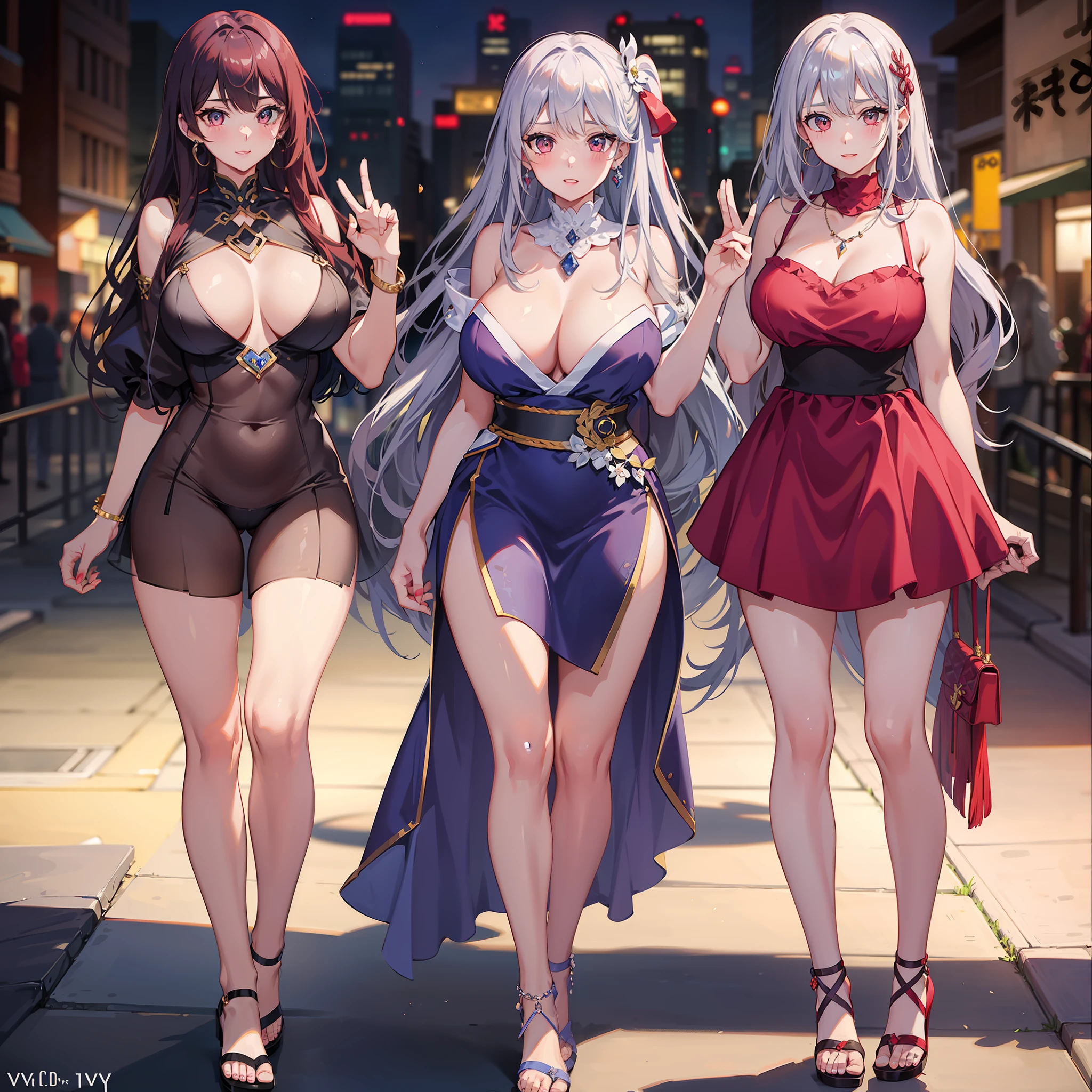Three girls standing in the park at night,Clear sky in the background. Park benches and soft lighting, Rear photo, (Side photography), looking back at the viewer, (Masterpiece), ((Ultra-detailed)), (Highly detailed), (Expressionless), (Best quality: 1.2), 8K, hdr, A high resolution, absurderes: 1.2, Object perspective, Blurred background, Bokeh: 1.1, Lens flare, (vivd colour: 1.2), High quality texture, Detailed texture, High-quality lighting and shadows, a face with perfect proportion, full bodyesbian, Mature and excited body, Detailed skin texture, vibrant, pale and radiant skin, natural saggy breasts, gigantic bosom: 1.5, High waist, Narrow waist: 1.3, Wide hips, Full buttocks, Detailed beautiful face, (PureErosFace_V1:1.3)(Ulzzang-6500:0.4) Detailed beautiful eyes, Symmetrical eyes, Perfect eyes, Seductive eyes, Beautiful nose, High nose, Clear blush, Detailed lips, Earrings, hoop earings, necklace, jewelry, Sapphire heart necklace, Silver-toned high-heeled sandals, Seductive expression, Smile, Perfect hands, Delicate and beautiful fingers, Detailed beautiful legs, photo-realistic hair, detailed hairs, (Silver dress, Red dress, Blue dress), Chisato Nishiki, Long hair, Blonde hair, (Red eyes: 1.5), Hair ribbon, Bob cut, Red hair ribbon,),gigantic cleavage breasts,Japan goddess,blush,