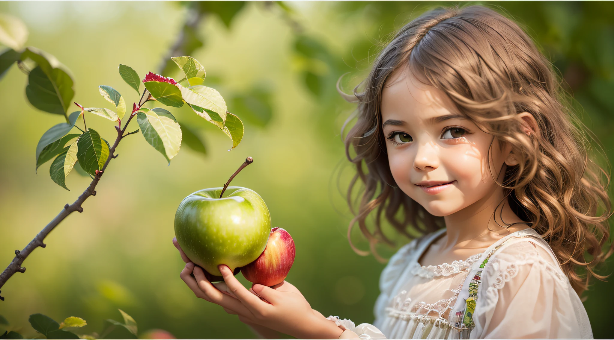 There's a  holding a green apple in her hands, holding an apple, one holds apple in hand, Shutterstock, with apple, foto de retrato em close-up, Garotinha, elma, childrens, Foto de Stock, retrato closeup, garota, Imagem de Stock, iStock, cortar, picking apples from a tree, garotada, foto de retrato, a apple, menina jovem bonito