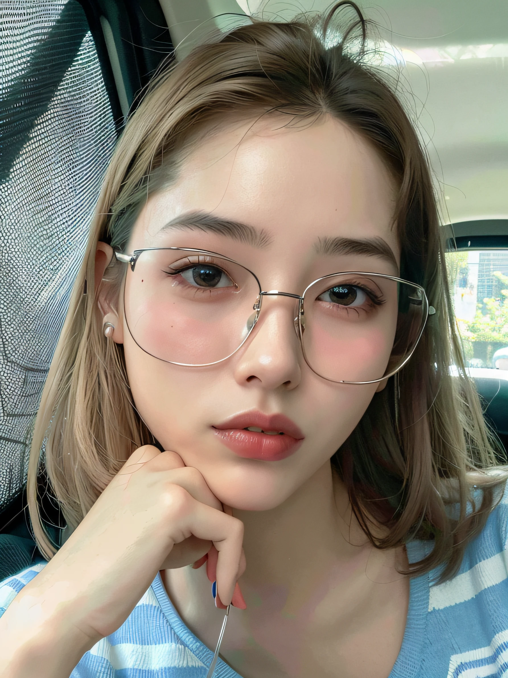 arafed woman with glasses sitting in a car with her hand on her chin, with glasses, clear cute face, thick glasses, spectacled, big round glasses, glasses, korean girl, with glasses on, big glasses, wearing thin large round glasses, with square glasses, wearing square glasses, wearing small round glasses, with round face, wearing round glasses