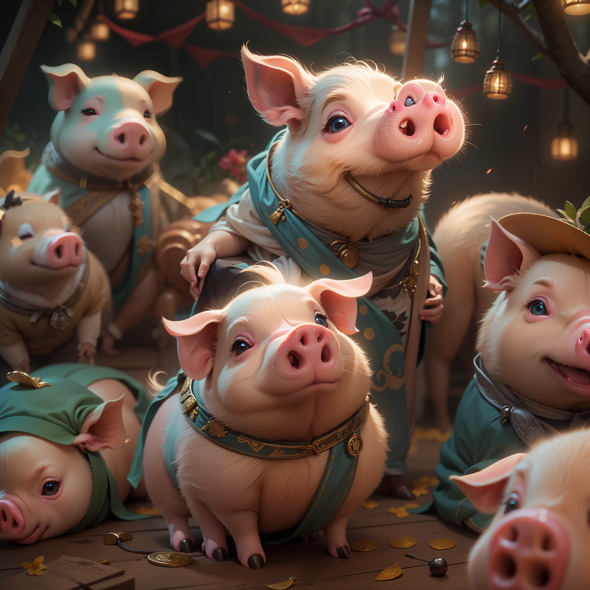8k,Photoreal,Lost happy pigs,fanciful,hoang lap,Top lighting,rich details,