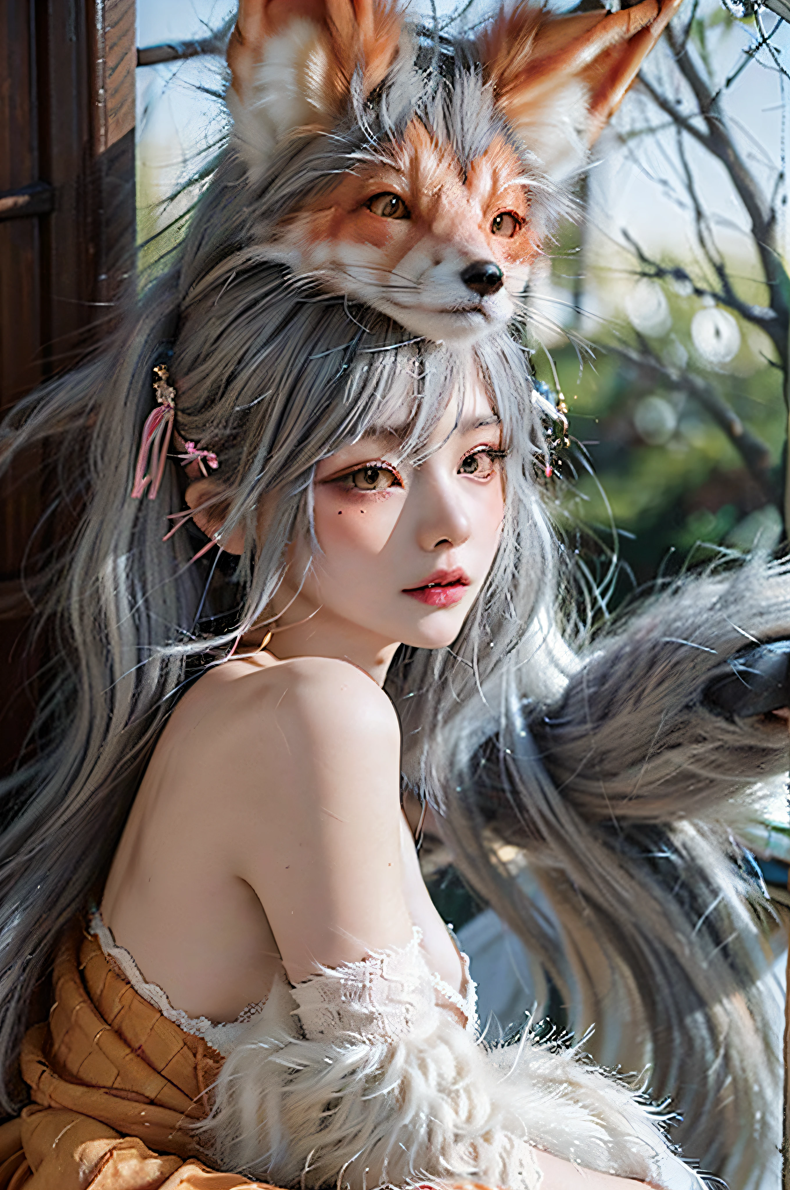 (realisticlying:1.5), offcial art, Unity 8k壁纸, ultra - detailed,Delicate detail skin,(Movie Angle),filmgrain,cinmatic lighting, tmasterpiece,best qualityer,(inside in room,Ancient architecture,Ancient Japanese architecture,waxy candles,Red lantern),((The environment is dark,The dim,at winter season)),
1girll,s girl,((hesitate)),((messy hair)),((((fox ear,fox tails))),((Gray hair))),bare shoulders,The mouth is slightly open,((flatchest,a flat chest,Poor milk)),Shoulder,(Silk lace nightdress),Saggy clothes,duck sitting,