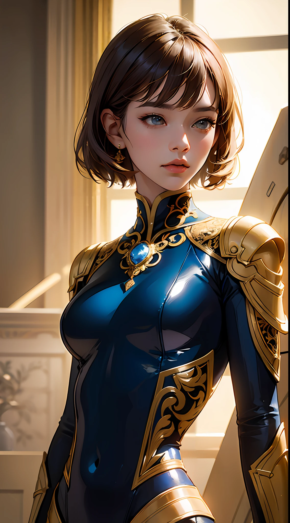 PM, (Blue Latex Suit:1), Golden Fringe Shorthair, Light brown eyes, 1girl in, 20yr old, Innocence, (Photorealsitic), (intricate-detail:1.2),(​masterpiece, :1.3),(top-quality:1.4), (超A high resolution:1.2), 超A high resolution, (A detailed eye), (detailed facial features), nffsw, 8K分辨率, (lensflare:0.7),