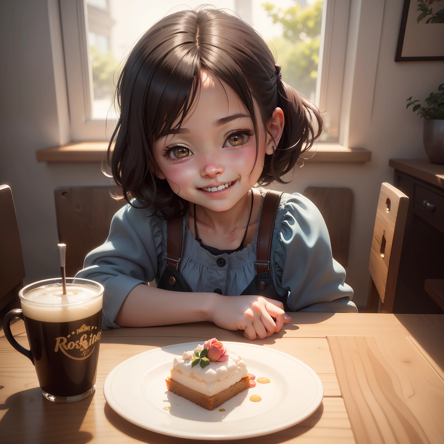 There was a smiling and sitting at the dining table, lovely digital painting, Realistic cute girl painting, Happy expression, adorable digital art, Rosla global lighting, cute 3 d render, atey ghailan 8 k, Cute detailed digital art, Ross Tran 8 K, and she smiling,Very happy, adorable expression, Beautiful digital artwork, smiling expression