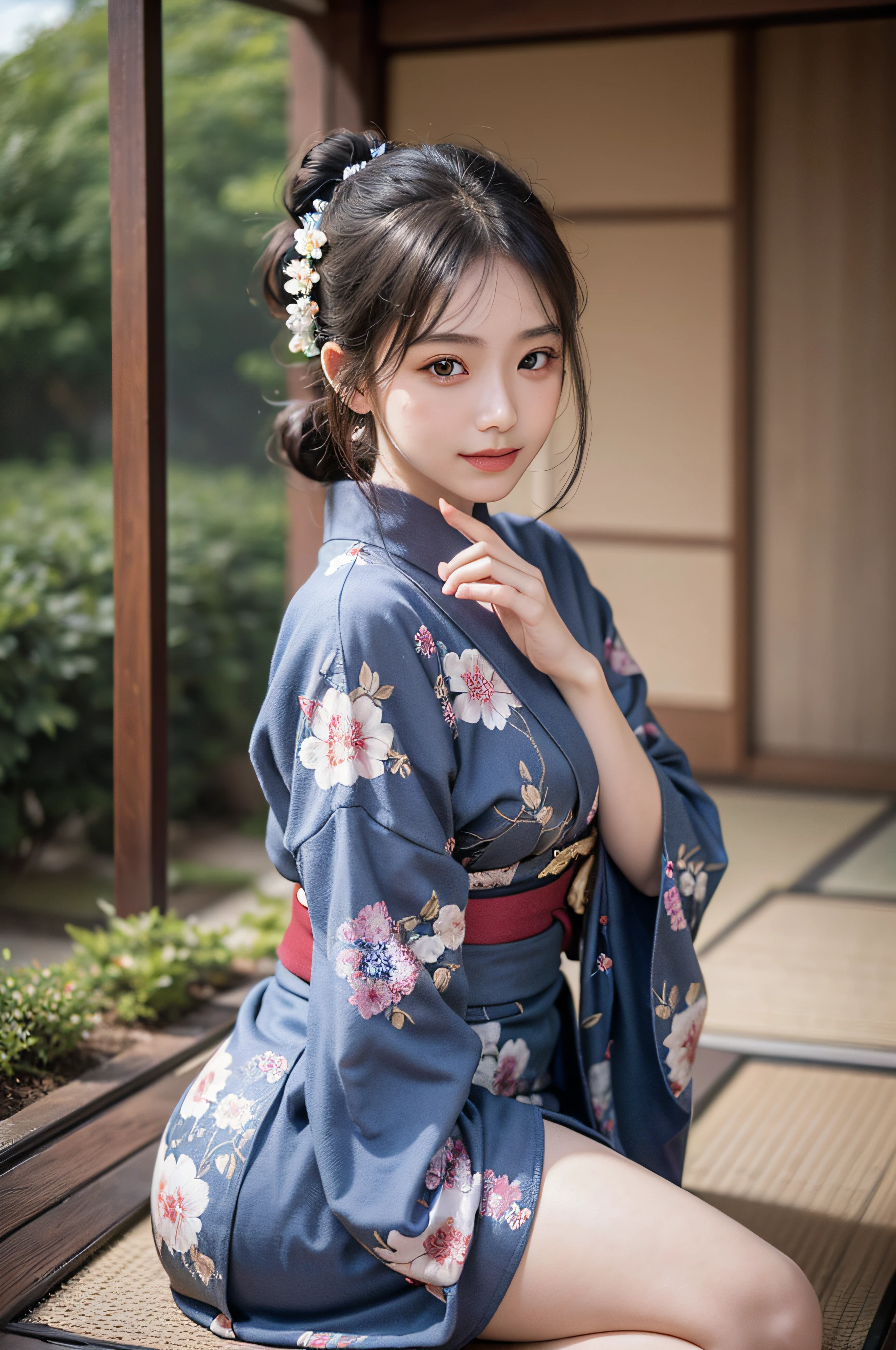 (Photorealsitic:1.4), (Top image quality:1.0), (超A high resolution:1.0), 8K, Raw photography, (masterpiece:0.2), (pureerosface_v1:0.5)、(Best Quality Detail:1.2)、realisitic、8K UHD、hight resolution、(1girl in:1.2)、The ultra-detailliert、High quality textures、intricate detailes、detaileds、Very detailed CG、High quality shadows、Detail Beautiful delicate face、Detail Beautiful delicate eyes、depth of fields、Ray traching,1girl in, japanaese girl, Cute, slender, Black kimono, Kimono with Japanese pattern,Floral scrunchie, Beautiful skin, Facing the front,Sit down, Sit upright and say thank you,Align your hands elegantly,Smile faintly The Land of Japan,Japanese garden,Luxury Japanese-style room, skyporn, Magic Hour, (Realistic:1.3), Finely detailed, quality, (masutepiece:1.2), (Photorealistic:1.2), (Best Quality), (Intricate details), Dramatic, Ray tracing, photograph, +Lola