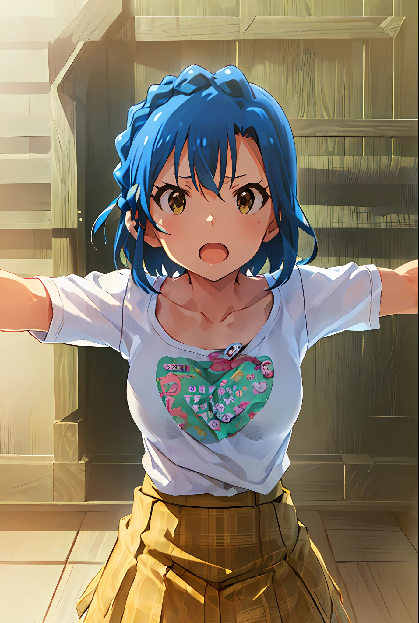 yuriko nanao (million live). Short stature. (((white t-shirts))).(((Skirt))).(((masterpiece))).(((best quality))).((Ultra-detailed))).(((illustratio))). (((Spread your arms))).(((a room))).(((up chest))).Despair face.(((short-hair))).((big breasts)).((Opening Mouth)).