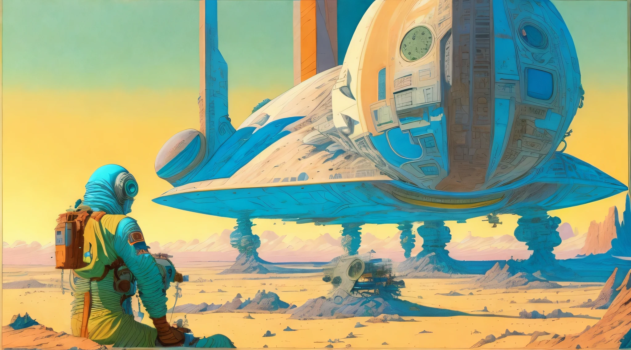 a painting of a Astronauts in Space Suit, repairing a large spaceship, another large spaceship in the background, alien planet, ringed planet by Moebius Jean Giraud
