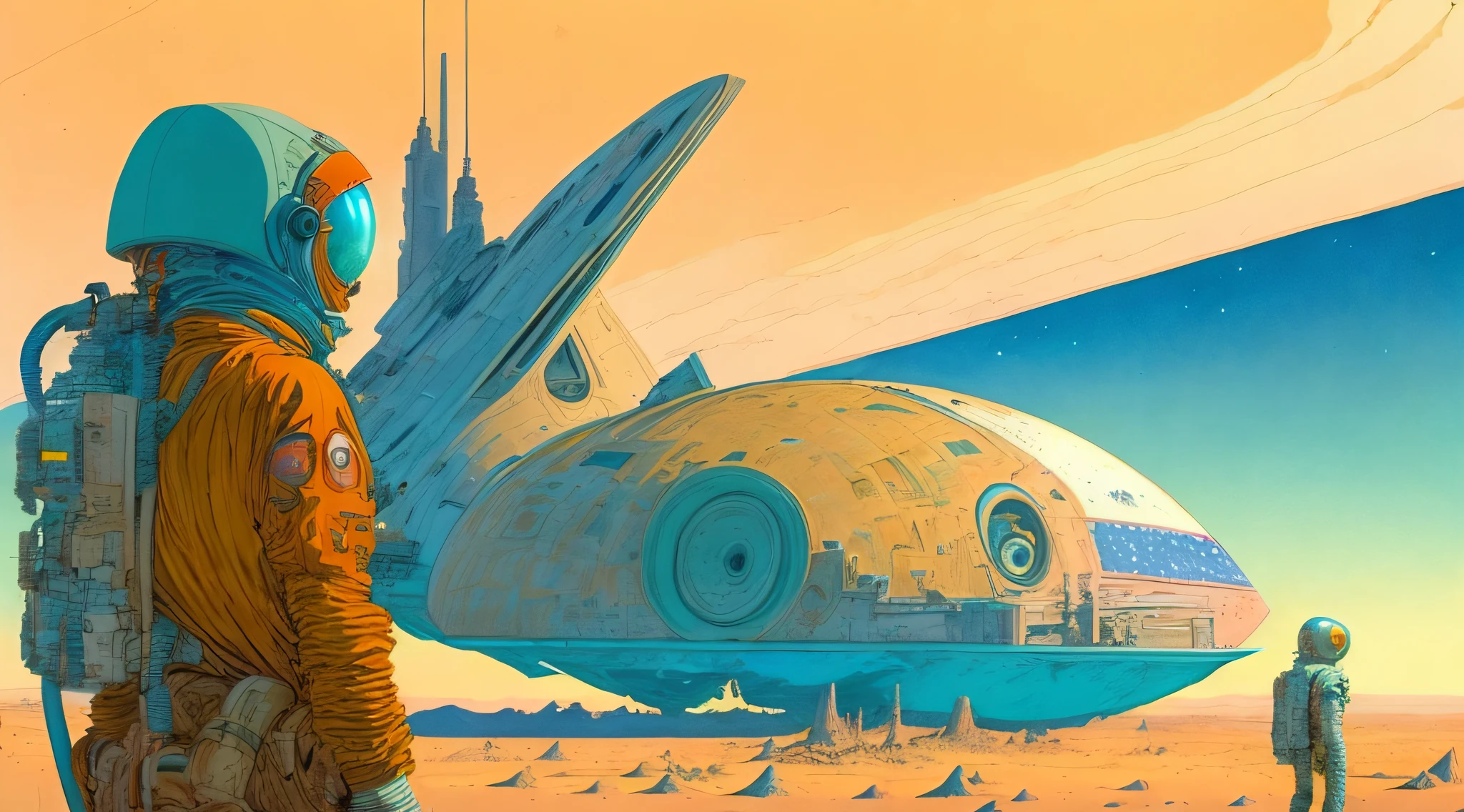 a painting of a Astronauts in Space Suit, repairing a large spaceship, another large spaceship in the background, alien planet, ringed planet by Moebius Jean Giraud