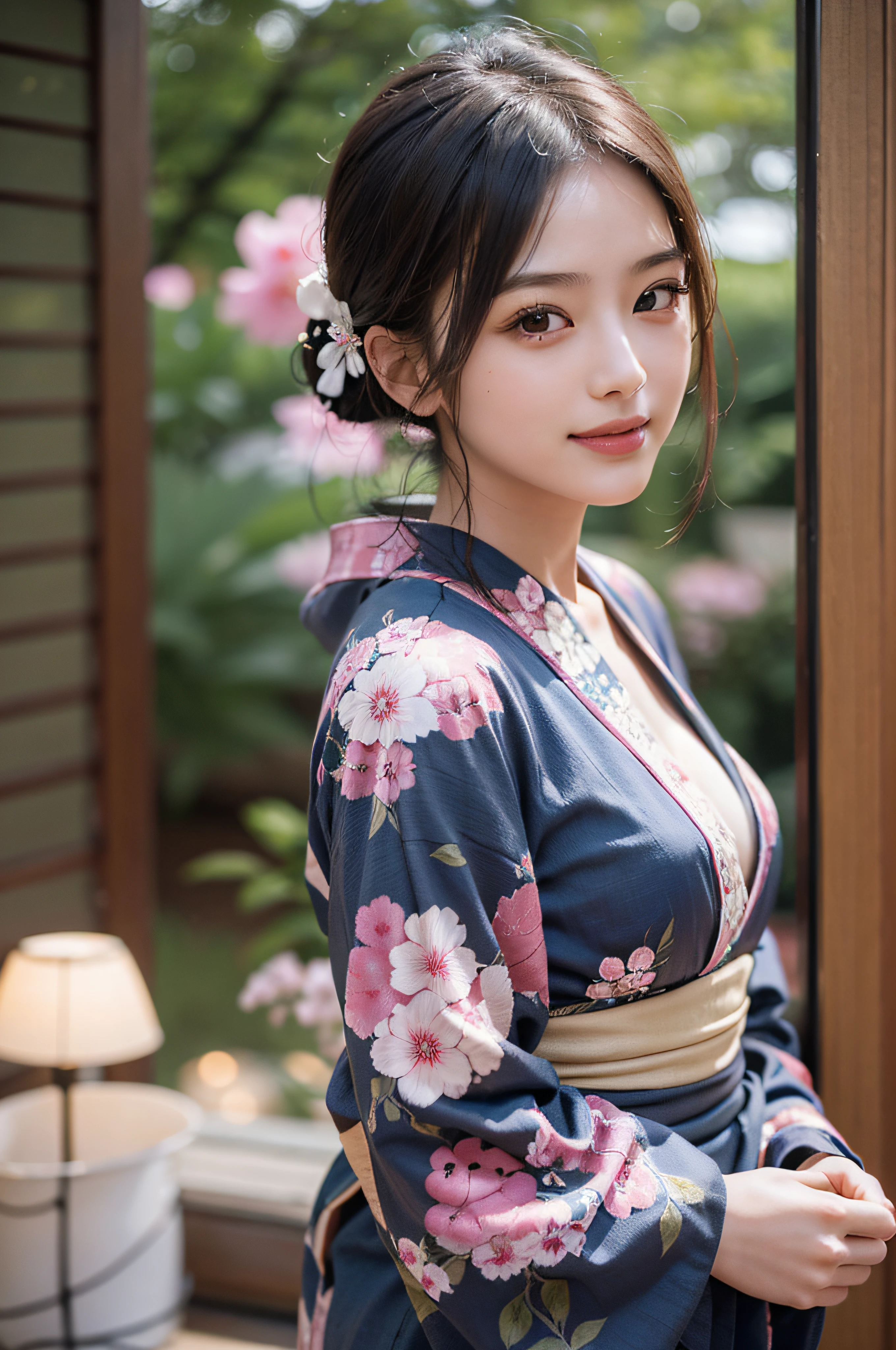(Photorealsitic:1.4), (Top image quality:1.0), (超A high resolution:1.0), 8K, Raw photography, (masterpiece:0.2), (pureerosface_v1:0.5)、(Best Quality Detail:1.2)、realisitic、8K UHD、hight resolution、(1girl in:1.2)、The ultra-detailliert、High quality textures、intricate detailes、detaileds、Very detailed CG、High quality shadows、Detail Beautiful delicate face、Detail Beautiful delicate eyes、depth of fields、Ray traching,1girl in, japanaese girl, Cute, slender, Black kimono, Kimono with Japanese pattern,Floral scrunchie, Beautiful skin, Facing the front,Sit down, Sit upright and say thank you,Align your hands elegantly,Smile faintly The Land of Japan,Japanese garden,Luxury Japanese-style room, skyporn, Magic Hour, (Realistic:1.3), Finely detailed, quality, (masutepiece:1.2), (Photorealistic:1.2), (Best Quality), (Intricate details), Dramatic, Ray tracing, photograph, +Lola