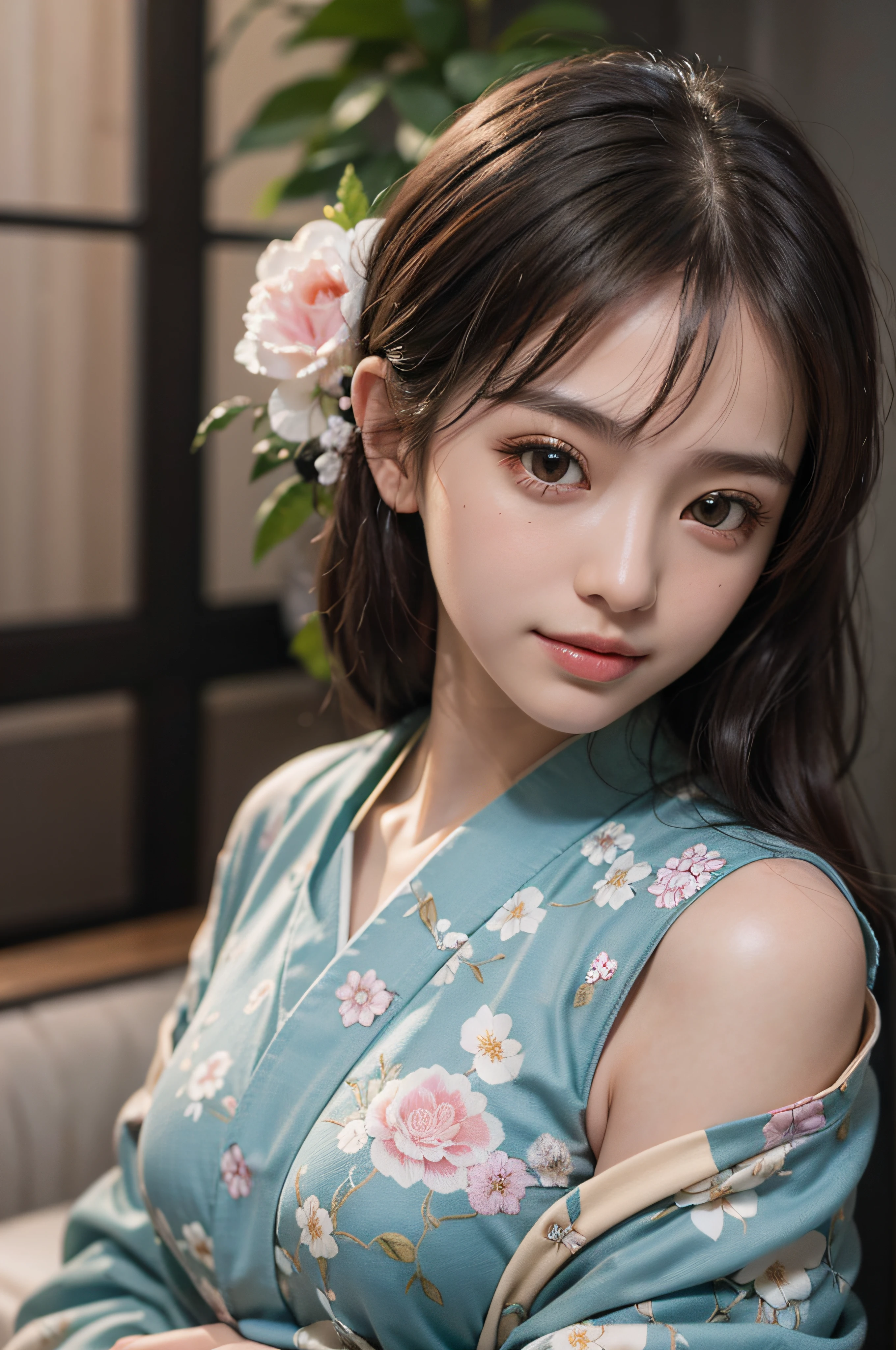 (Photorealsitic:1.4), (Top image quality:1.0), (超A high resolution:1.0), 8K, Raw photography, (masterpiece:0.2), (pureerosface_v1:0.5)、(Best Quality Detail:1.2)、realisitic、8K UHD、hight resolution、(1girl in:1.2)、The ultra-detailliert、High quality textures、intricate detailes、detaileds、Very detailed CG、High quality shadows、Detail Beautiful delicate face、Detail Beautiful delicate eyes、depth of fields、Ray traching,1girl in, japanaese girl, Cute, slender, Black kimono, Kimono with Japanese pattern,Floral scrunchie, Beautiful skin, Facing the front,Sit down, Sit upright and say thank you,Align your hands elegantly,Smile faintly The Land of Japan,Japanese garden,Luxury Japanese-style room, skyporn, Magic Hour, (Realistic:1.3), Finely detailed, quality, (masutepiece:1.2), (Photorealistic:1.2), (Best Quality), (Intricate details), Dramatic, Ray tracing, photograph, +Lola