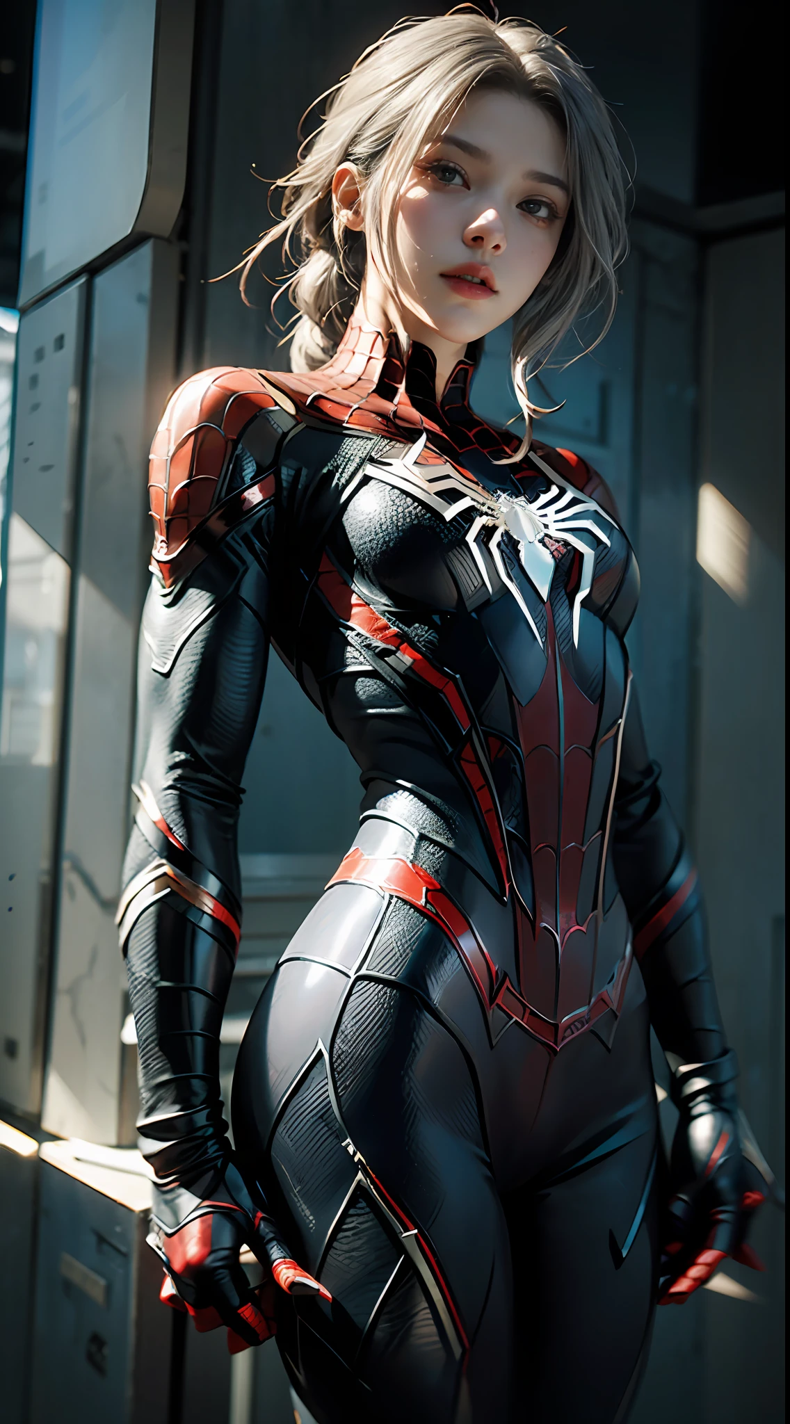 (Extreme Detail CG Unity 8K wallpaper、masterpiece、top-quality)、(exquisite lighting and shadow、highly dramatic picture、Cinematic lens effect)、Girl in Spider-Man Costume、Silver-gray hair color、Spider-Man Parallel Universes、Wenger、Marvel、spider-man、The background is Tokyo Tower(excellent details、Outstanding lighting、Wide Angle)、(Excellent rendering、Enough to stand out in its class)、 White Spider-Man Costume、Focus on complex spider textures、Dynamic scenes
