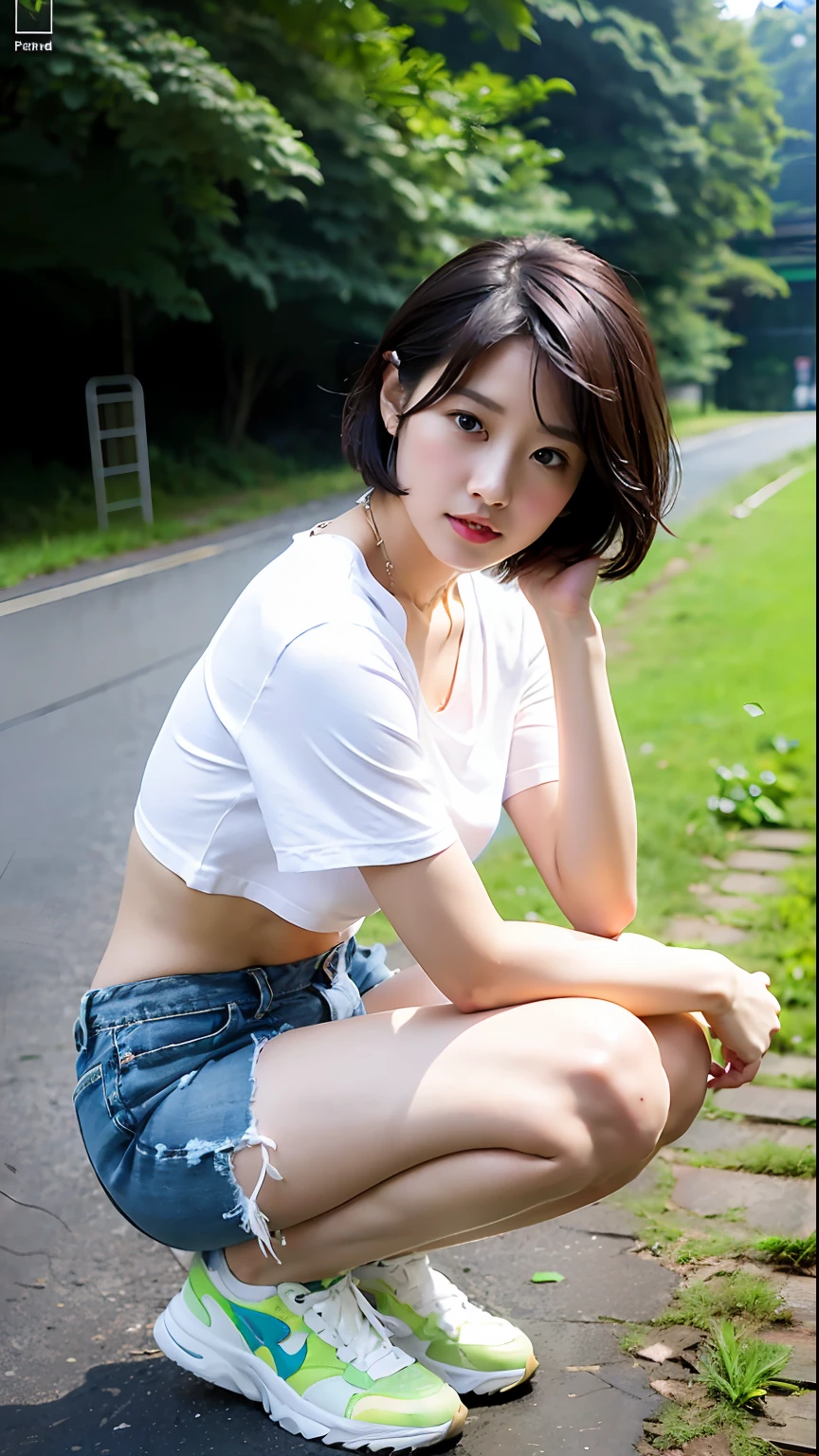 (Best quality, 8k, 32k, Masterpiece, UHD:1.2),Photo of Pretty Japanese woman,1gril,black short hair,l(eaning forward:1.2),squatting,(from above:1.3),pov, (loose t-shirt:1.1),(denim shorts:0.8),lace bra,necklace,small breasts,outdoors, sneakers,