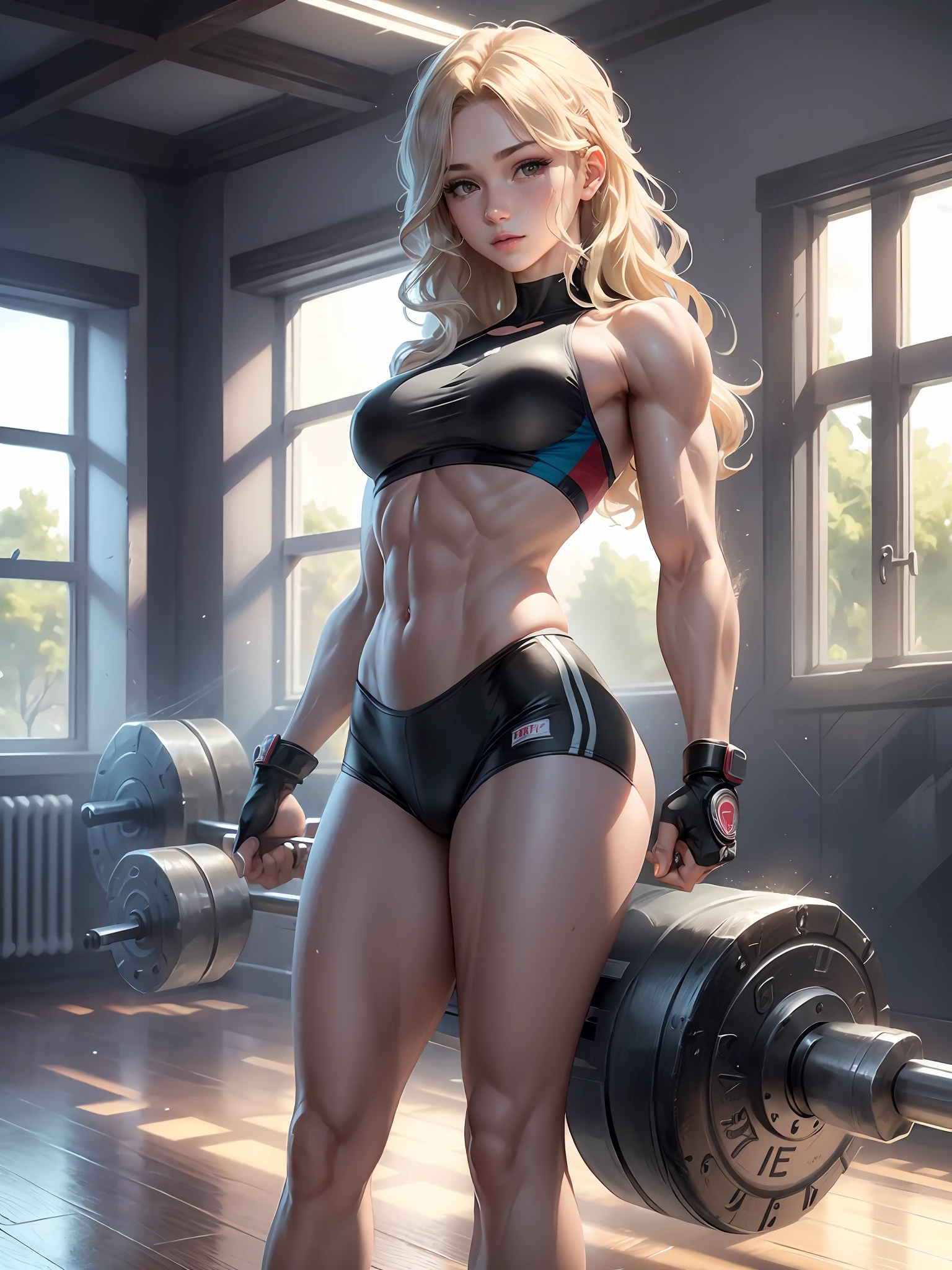 ((medium breasts⁩, Beautiful Girl, small head)), Daylight, Sunlight, (Chiseled abs : 1.1), (Perfect body : 1.1), (Wavy Hair : 1.2) , Black Long Hair, nice legs, Wearing a weightlifting uniform , (Very detailed CG 8k wallpaper), (extremely delicate and beautiful), (masutepiece), (Best Quality:1.0), (Ultra High Resolution:1.0),  Beautiful lighting ,Perfect Lightning, Realistic Shadows, [hight resolution], Detailed skin, Ultra-detailed,Weightlifting venues